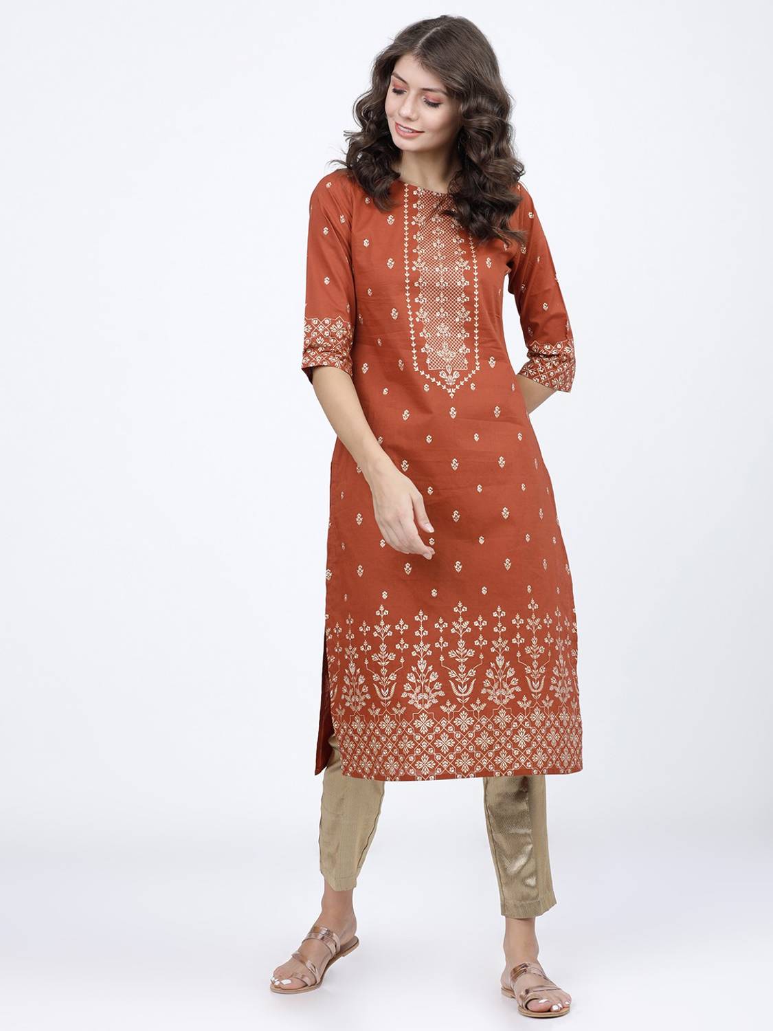 Vishudh Women Printed Cotton Blend Straight Kurta (Brown)