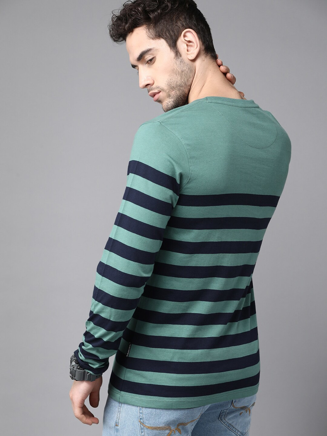 Image of Roadster Striped Men Round Neck Green T-Shirt