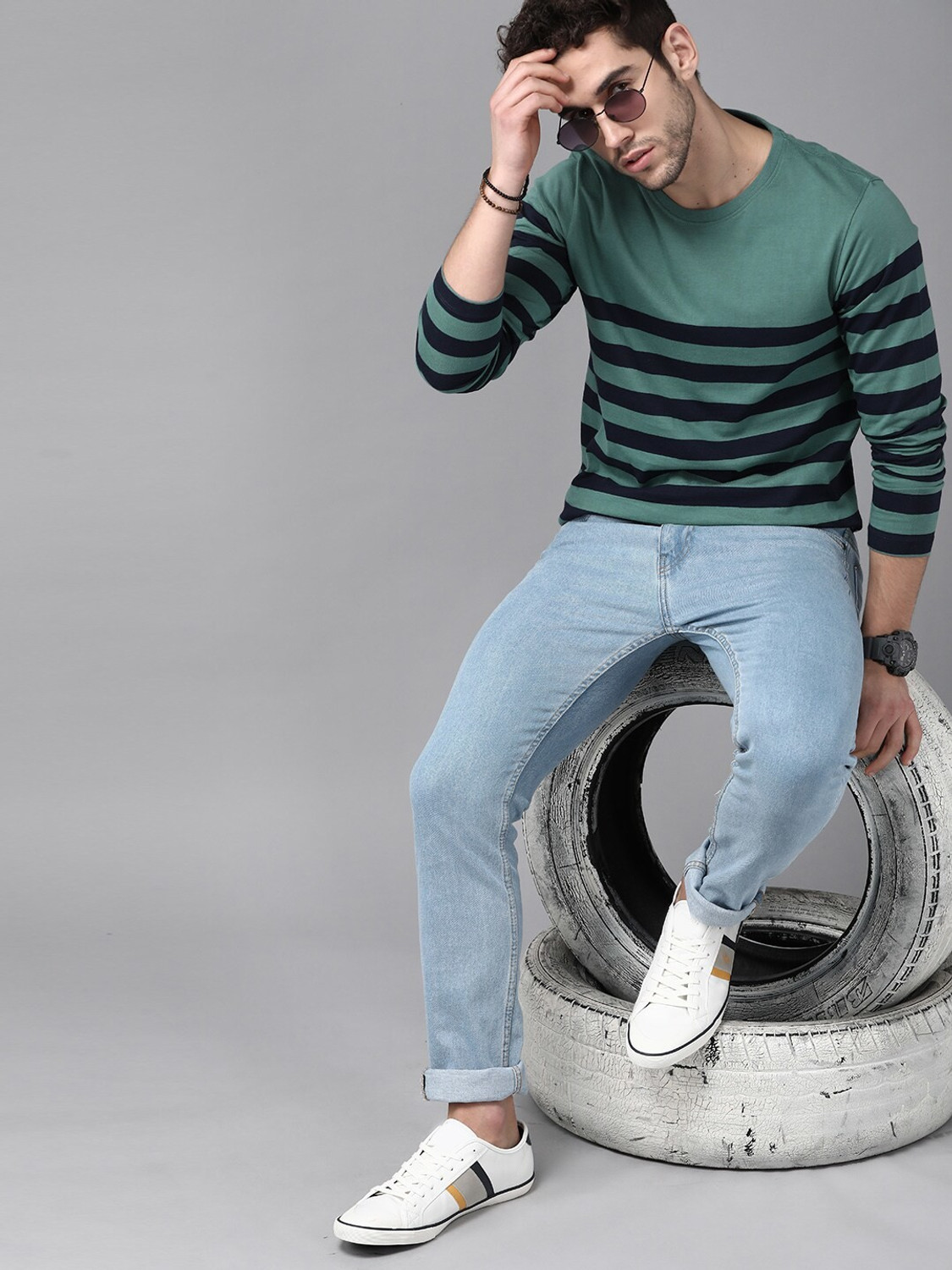 Image of Roadster Striped Men Round Neck Green T-Shirt