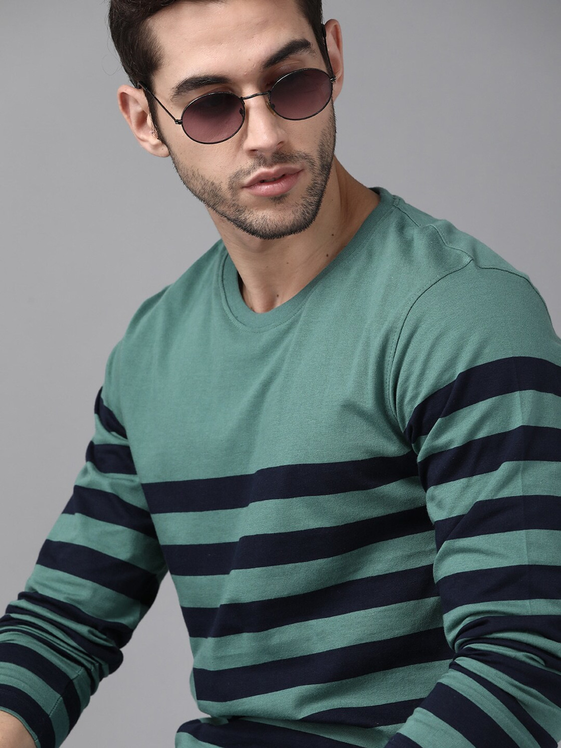Image of Roadster Striped Men Round Neck Green T-Shirt