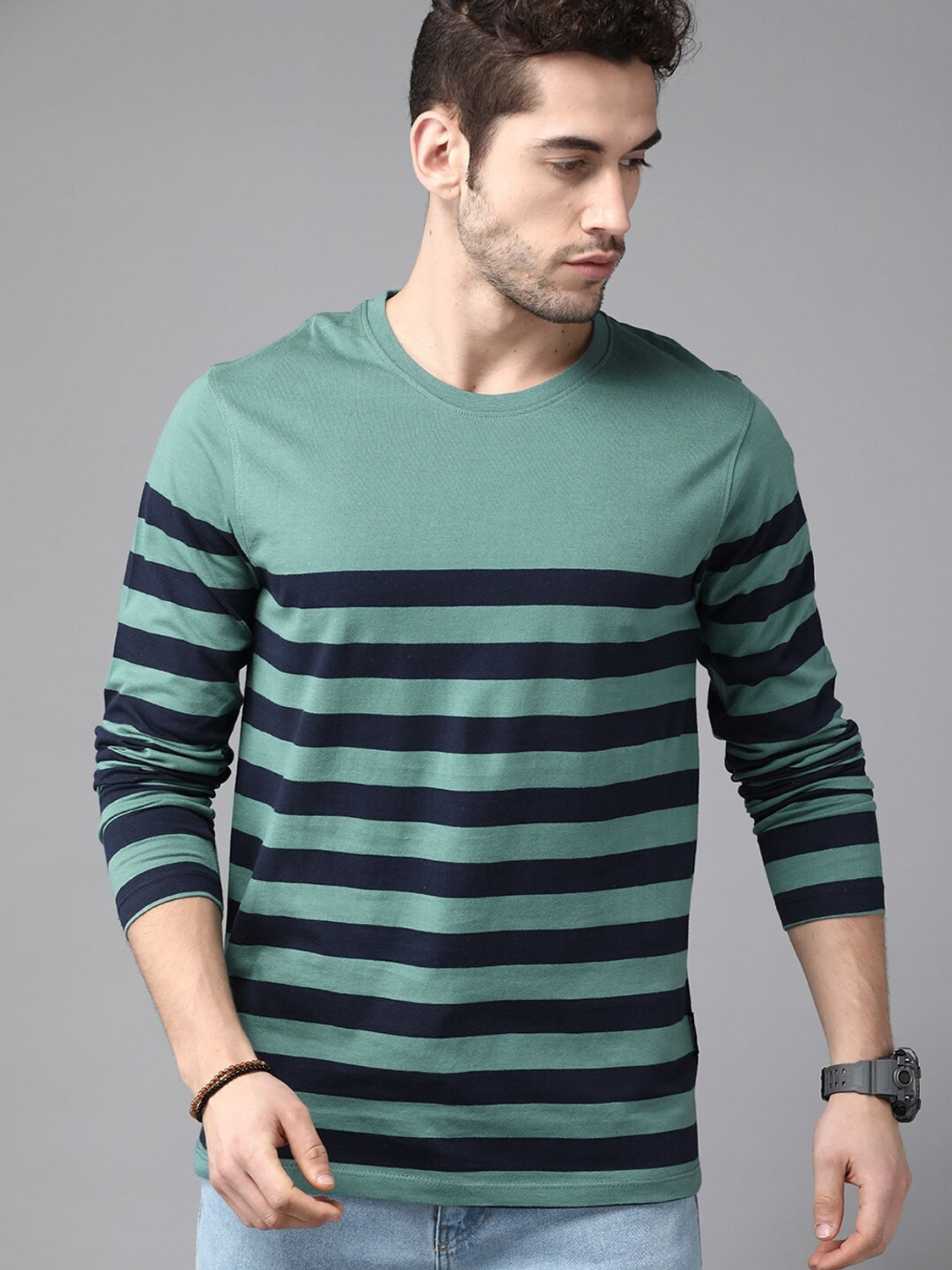Image of Roadster Striped Men Round Neck Green T-Shirt