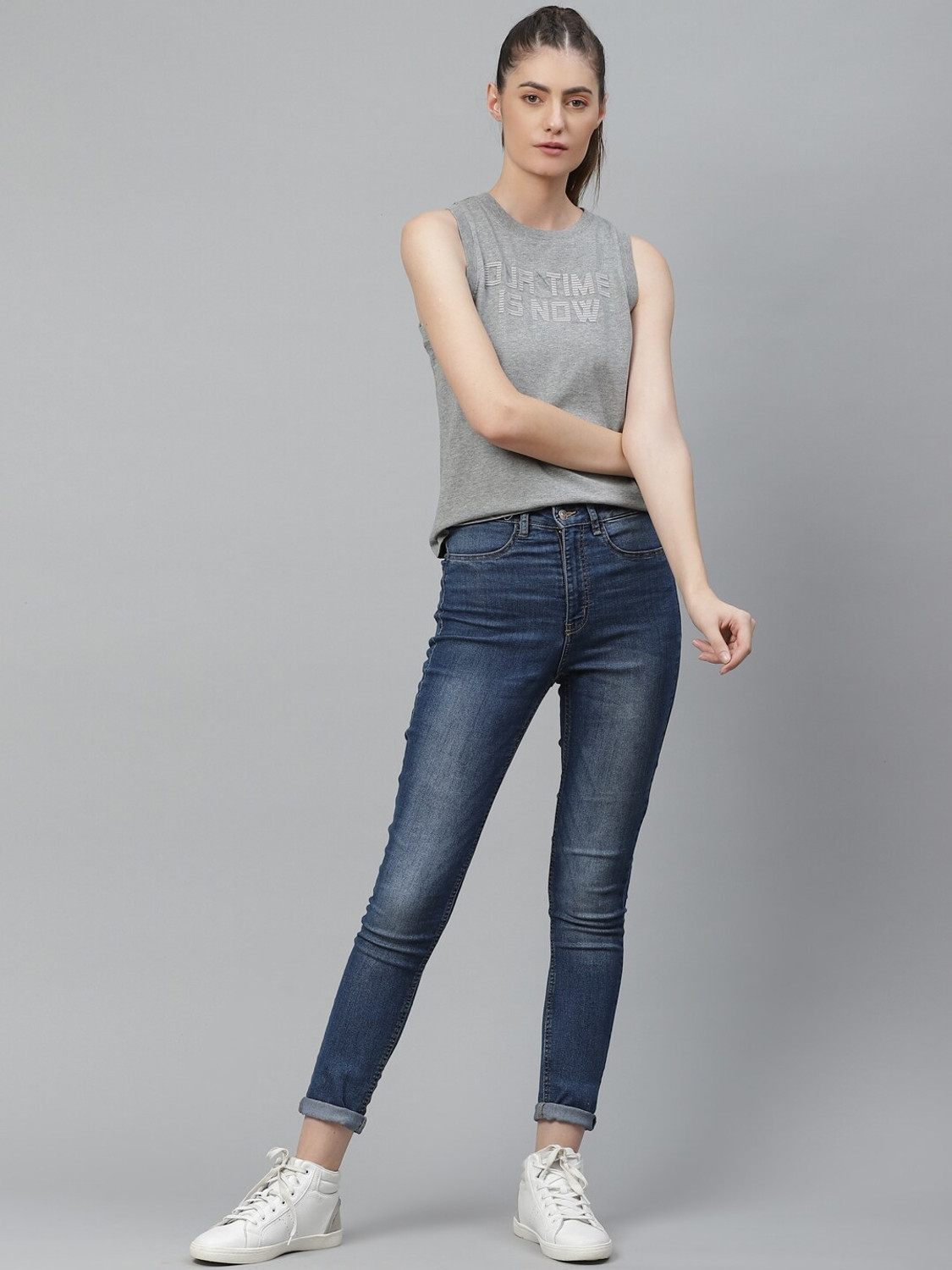 Image of Roadster Printed Women Round Neck Grey T-Shirt