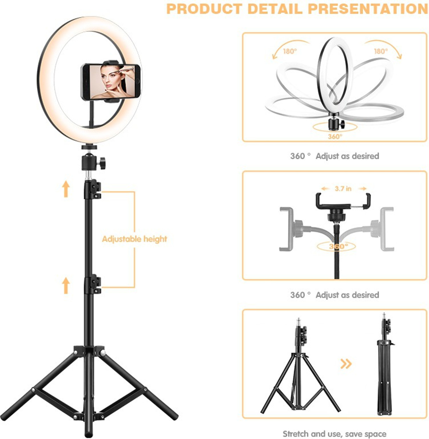 Image of Wrapo 10 Selfie Ring Light w / Tripod Stand & Phone Holder 3 Modes 10 Brightness Level 120 LED Bulbs Dimmable Selfie Ringlight for Live Stream Makeup YouTube Video Photography Shooting Tripod
