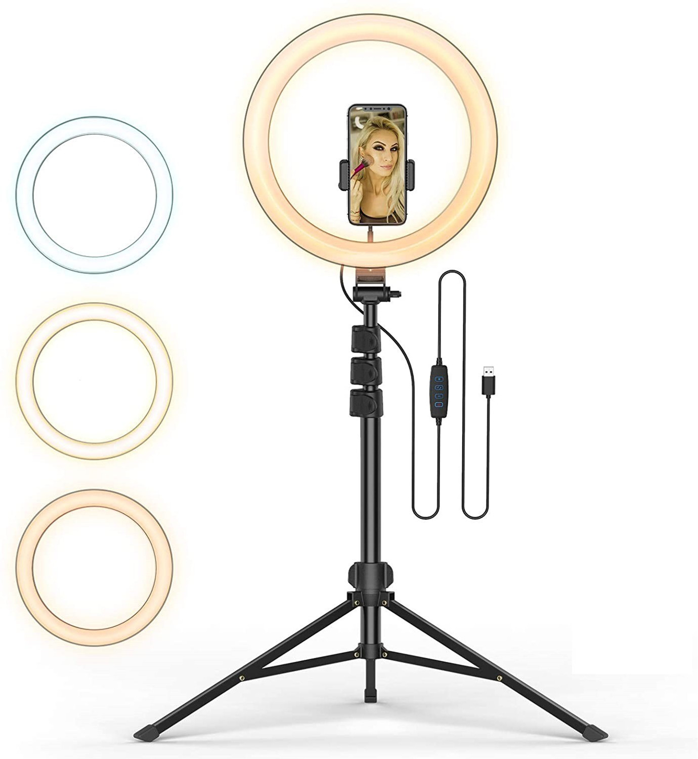 Image of Wrapo 12 inch inch LED Ring Light with 7 Ft Tripod Stand Combo and Phone Holder for Tiktok YouTube Reels Photo-shoot Video Live Stream Makeup Videos vlogging Vigo Video Shooting | 3 color modes Dimmable Lighting | Recording with Mobile Phone and Camera Clip Setup Ring Flash Ring Flash