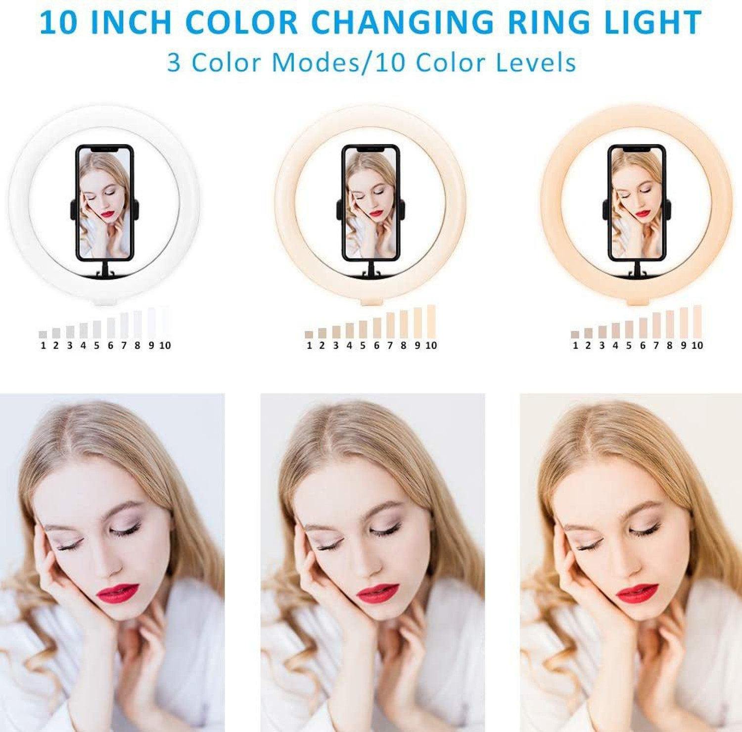 Image of Wrapo Ring Light with Tripod Stand and Phone Holder, 10 INCH Selfie Light with Light Ring Perfect for Video Recording, Live Streaming, Makeup, Selfie, Compatible with iPhone Android Phone Ring Flash