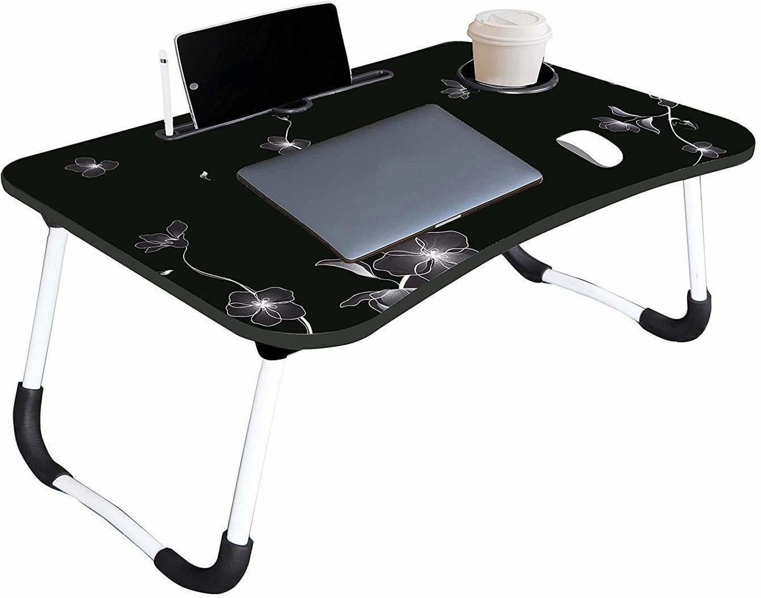 Image of FurniGully Wood Portable Laptop Table (Finish Color - BLACK FLOWER, Pre Assembled)