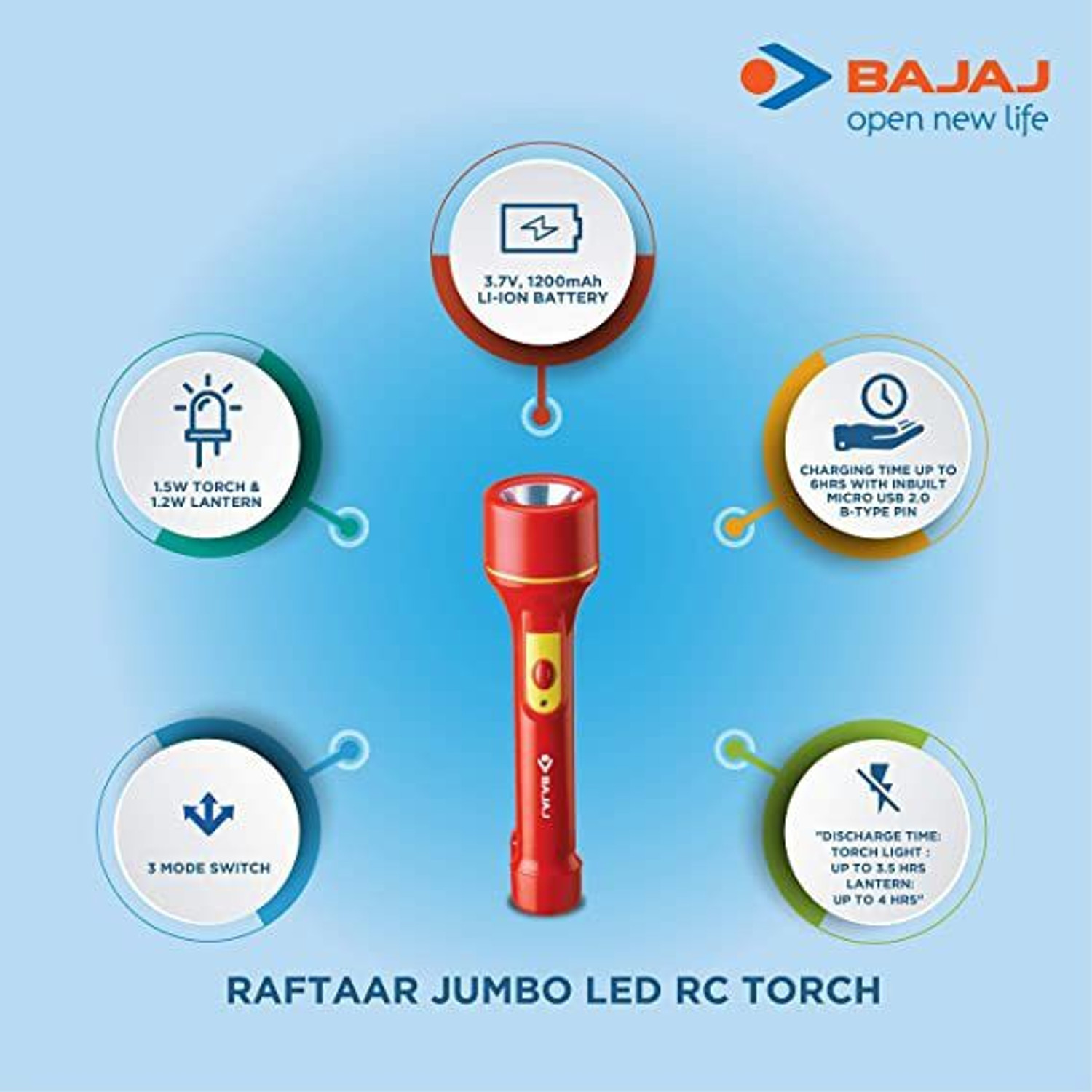 Image of BAJAJ Raftaar Jumbo LED 2W Rechargeable Torch Torch
