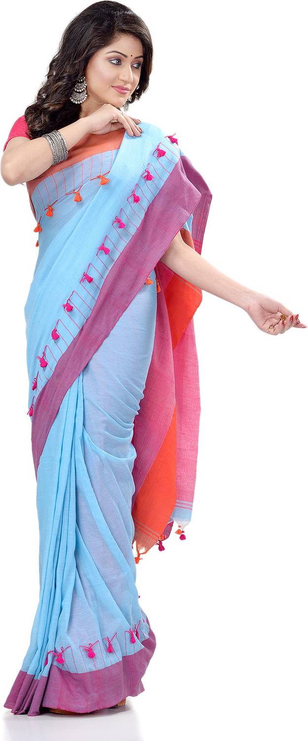 TANTLOOM Striped Handloom Pure Cotton Saree (Blue, Pink)