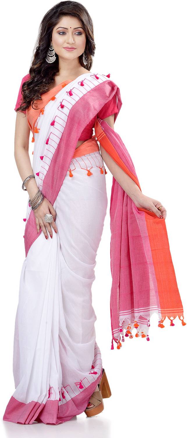 TANTLOOM Striped Handloom Handloom Pure Cotton Saree (White, Pink