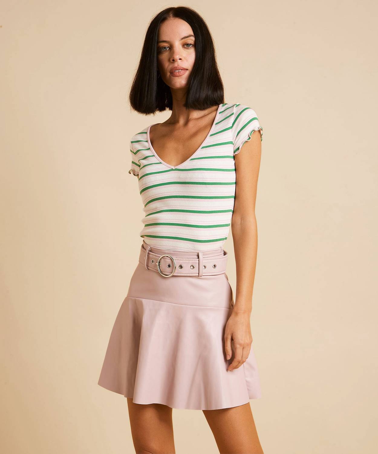 Bershka Striped Women V Neck White T-Shirt