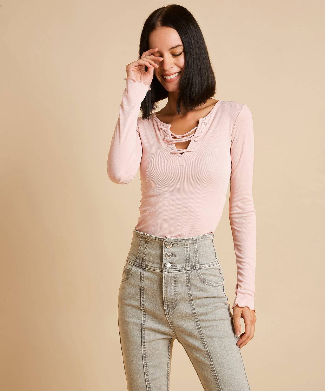 Bershka Self Design Women V Neck Pink T-Shirt