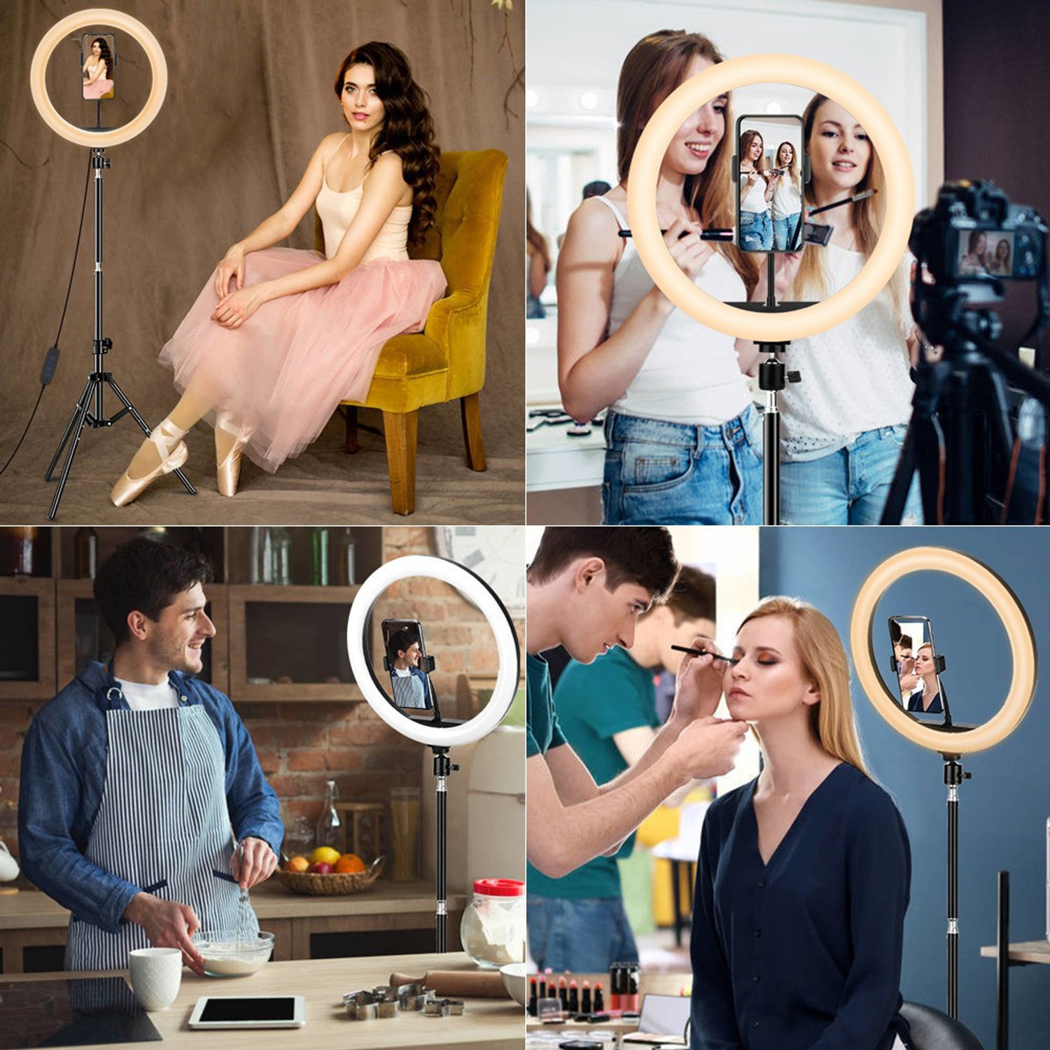 Image of Wrapo 12 inch inch LED Ring Light with 7 Ft Tripod Stand Combo and Phone Holder for Tiktok YouTube Reels Photo-shoot Video Live Stream Makeup Videos vlogging Vigo Video Shooting | 3 color modes Dimmable Lighting | Recording with Mobile Phone and Camera Clip Setup Ring Flash Ring Flash
