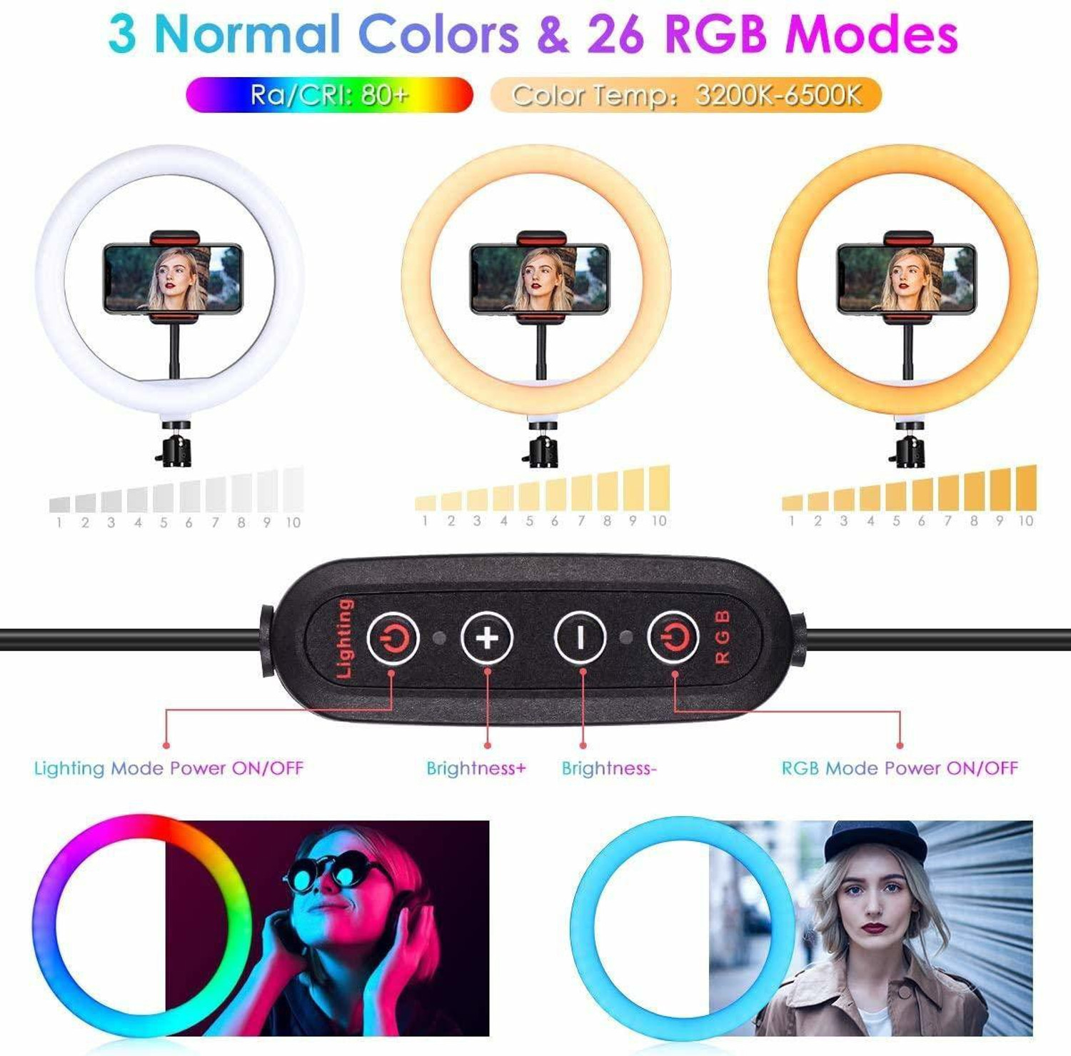 Image of Webilla RGB Ring Light 7 Feet Tripod Phone Holder|3 Light Modes Warm Cool Light 26 RGB Color & 13 Dynamic Speed Flash Mode for Live Stream /Makeup, 10-Level Brightness 360? Rotating for iPhone & Android Ring Flash