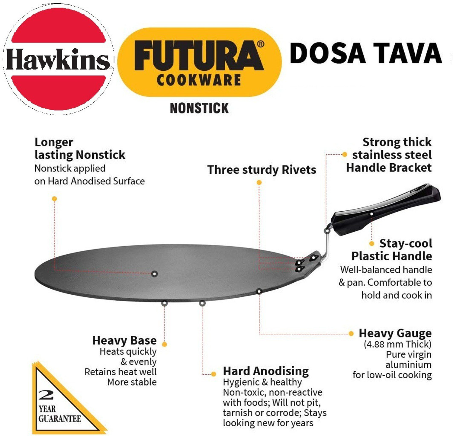 Image of Hawkins Futura Nonstick Dosa Tava, Diameter 28 cm, Thickness 4.88 mm, Black (NDT28) Tawa 28 cm diameter (Aluminium, Non-stick)