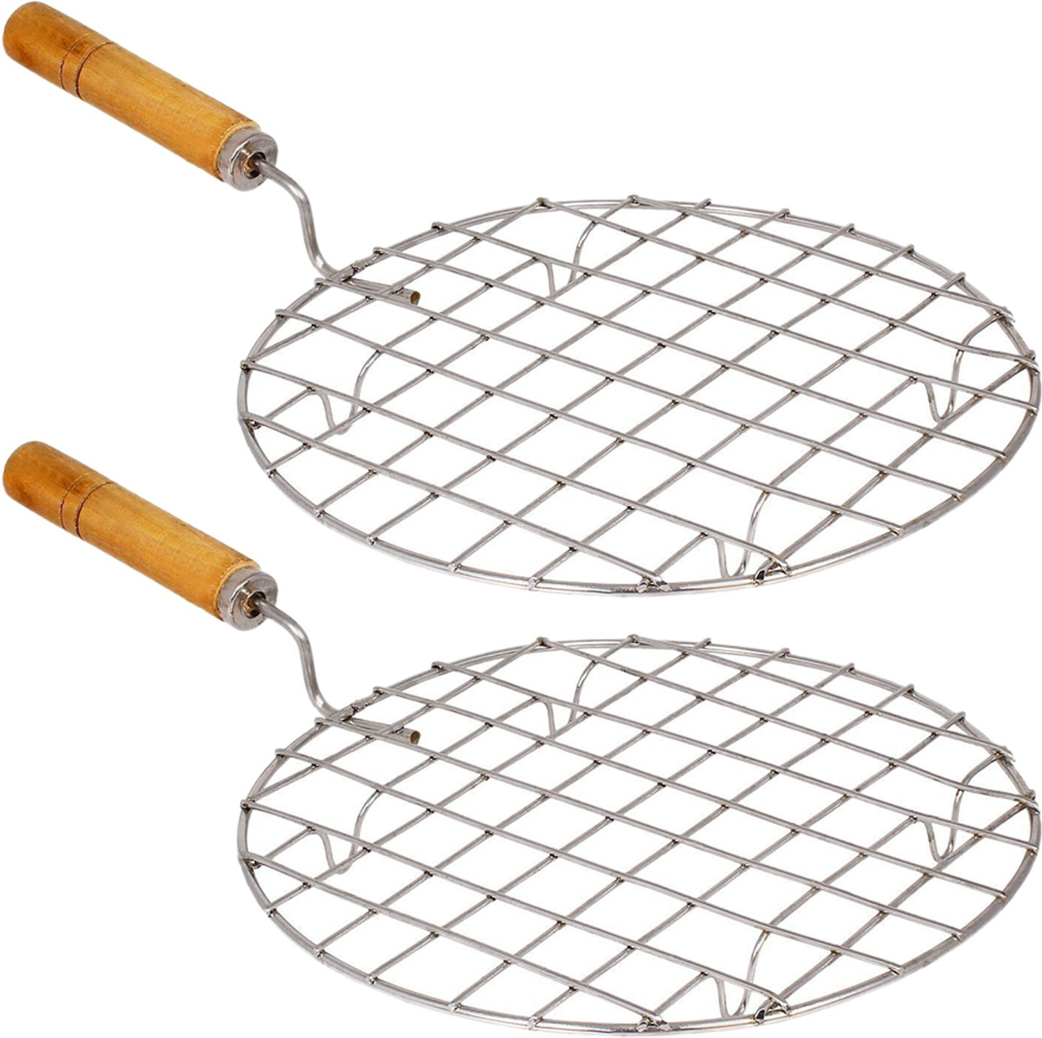 Image of KUBER INDUSTRIES Stainless Steel Round Papad Jali /Roti Roast Grill /Papad Roast Grill with Wooden Handle-Pack of 2 (Silver) 1 kg Roaster