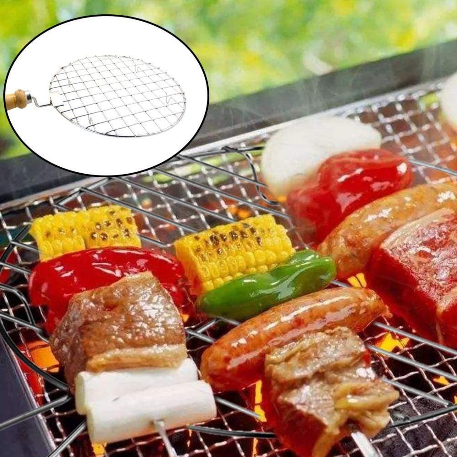 Image of KUBER INDUSTRIES Stainless Steel Round Papad Jali /Roti Roast Grill /Papad Roast Grill with Wooden Handle-Pack of 2 (Silver) 1 kg Roaster