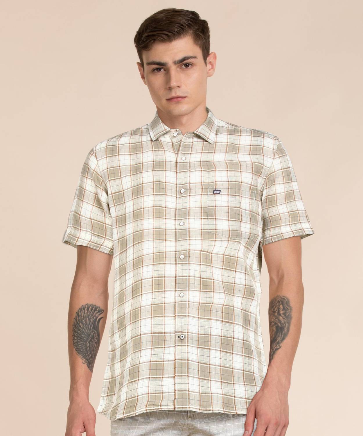 Arrow Sport Men Checkered Casual Beige Shirt