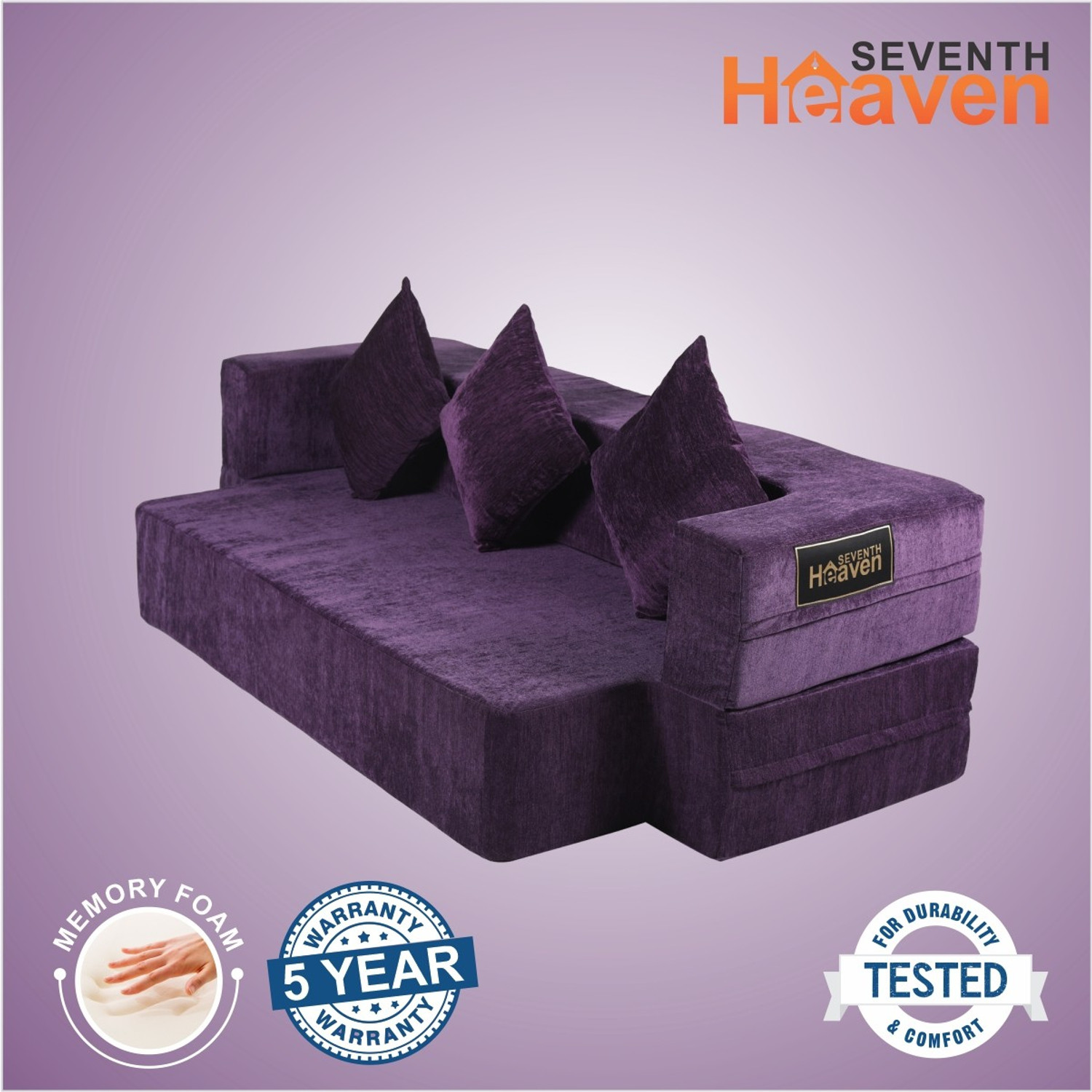 Image of Seventh Heaven Memory Foam Orthopedic, Chenille Molfino Fabric with 3 Cushions: 5 Year Warranty 3 Seater Double Foam Fold Out Sofa Cum Bed