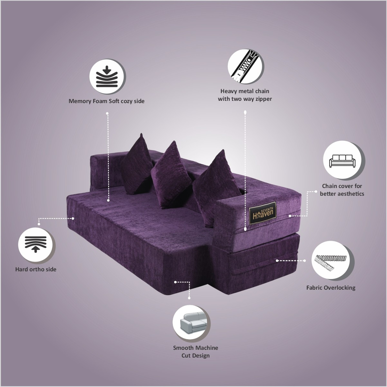 Image of Seventh Heaven Memory Foam Orthopedic, Chenille Molfino Fabric with 3 Cushions: 5 Year Warranty 3 Seater Double Foam Fold Out Sofa Cum Bed
