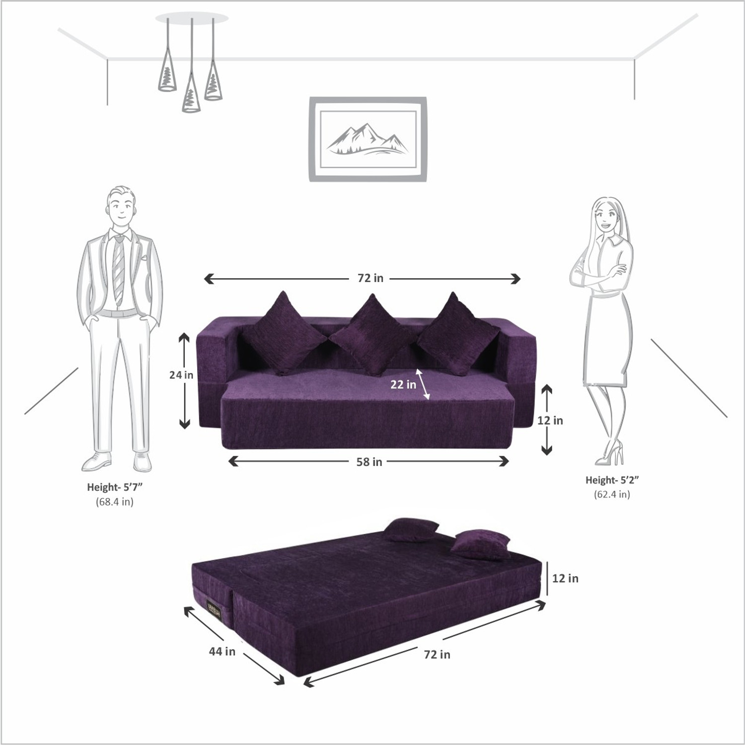 Image of Seventh Heaven Memory Foam Orthopedic, Chenille Molfino Fabric with 3 Cushions: 5 Year Warranty 3 Seater Double Foam Fold Out Sofa Cum Bed