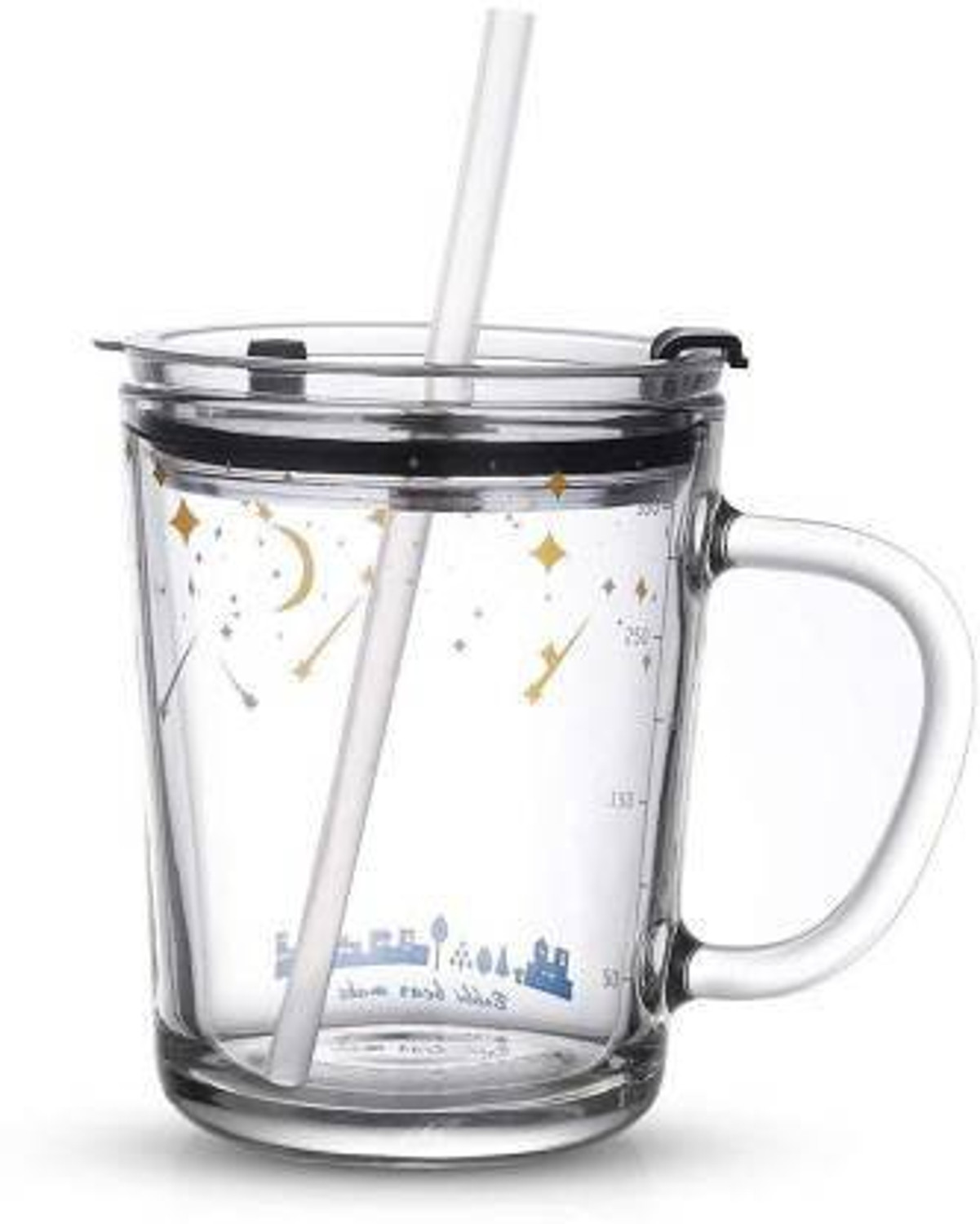 Image of NMS TRADERS Design Cartoon Print Milk Glass Cup for Kids with Handle, Spill Proof Lid and Straw Scale Straw for Multiple Usage 350 ml Coffee Cup (2) Glass Coffee (350 ml, Pack of 2) Glass Coffee (350 ml) Glass Coffee Mug