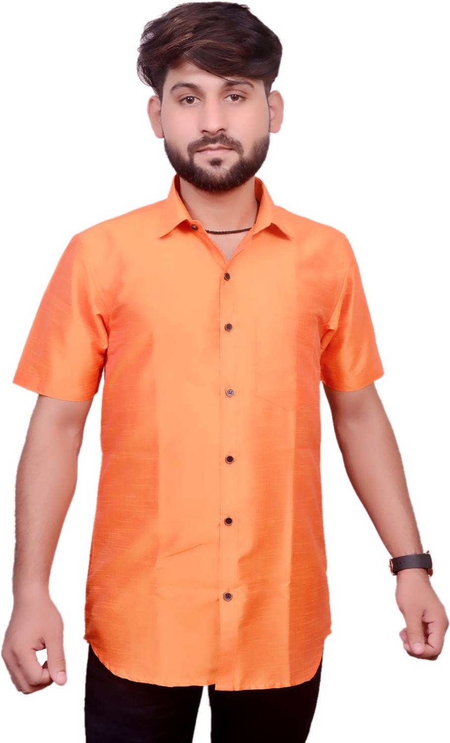 LIBSADRESSES Men Solid Formal Orange Shirt