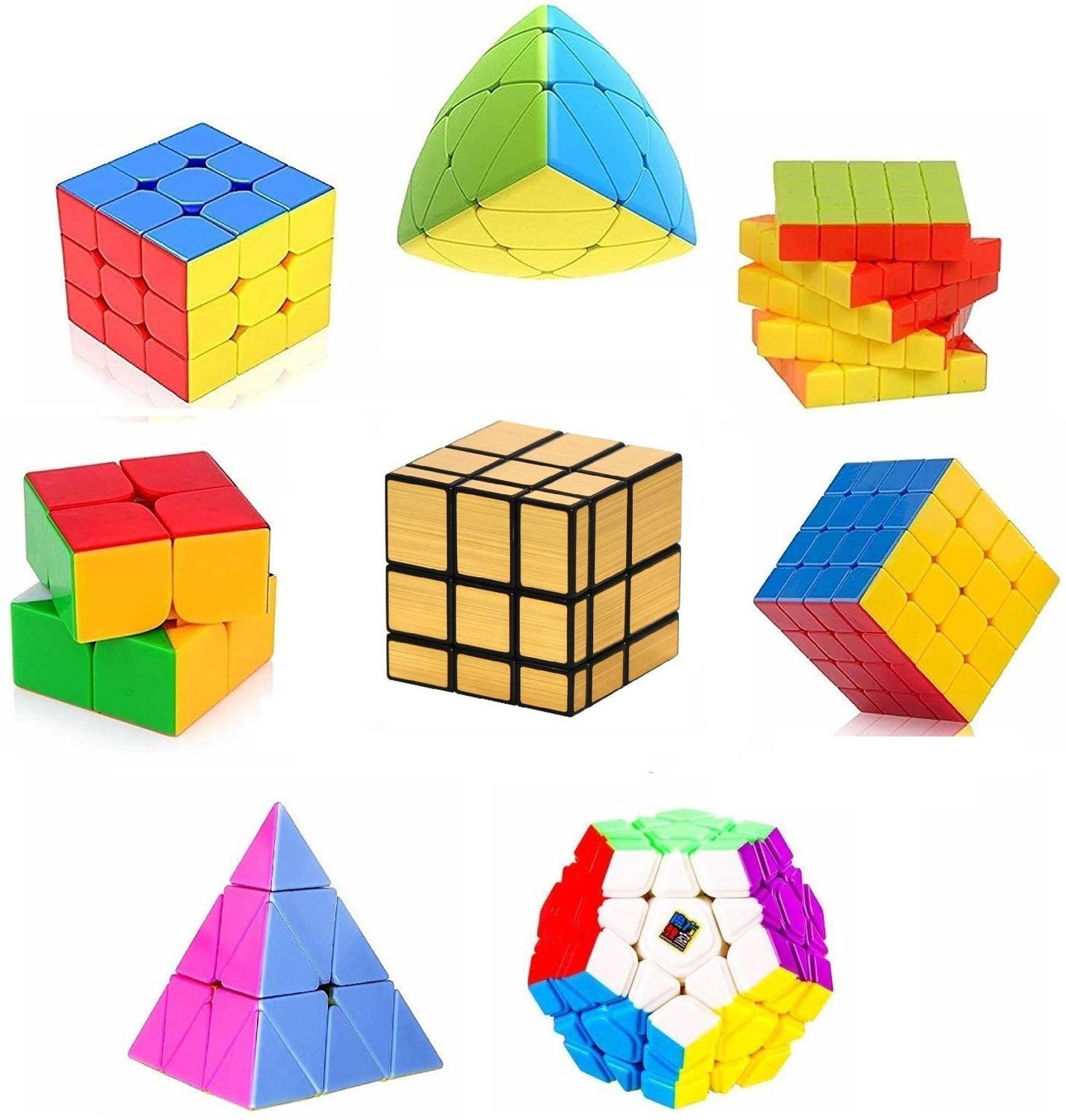 Authfort Speed 2X2 3x3 4x4 5x5 and Mirror Gold Pyraminx Pyramid Triangle, Megaminx, cube set Puzzle Cubes Combo (B - Pack of 8 Cube)
