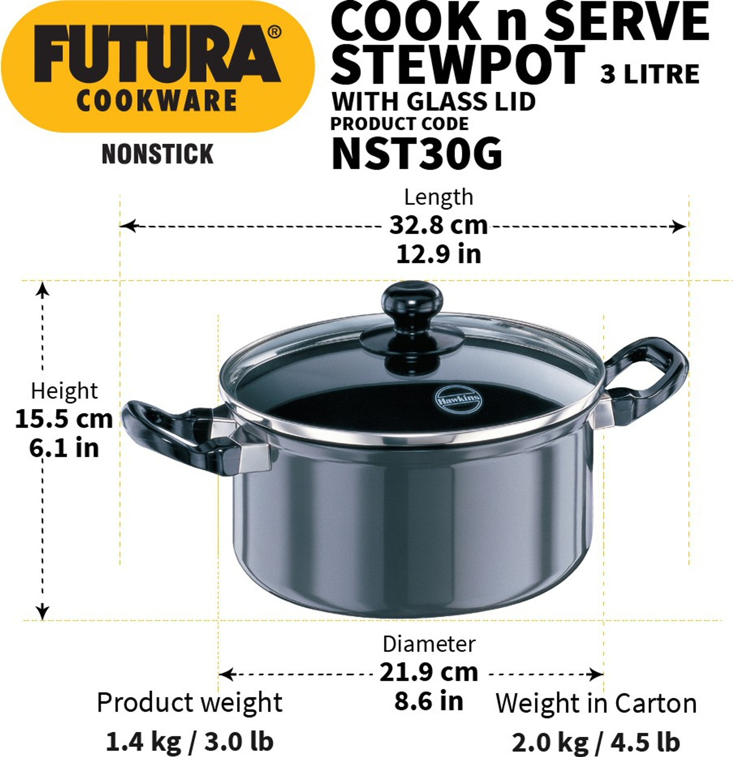 Image of Hawkins Stewpot with Glass Lid (NST30G) Tope /Bhagona /Patila with Lid 3 L capacity 20 cm diameter