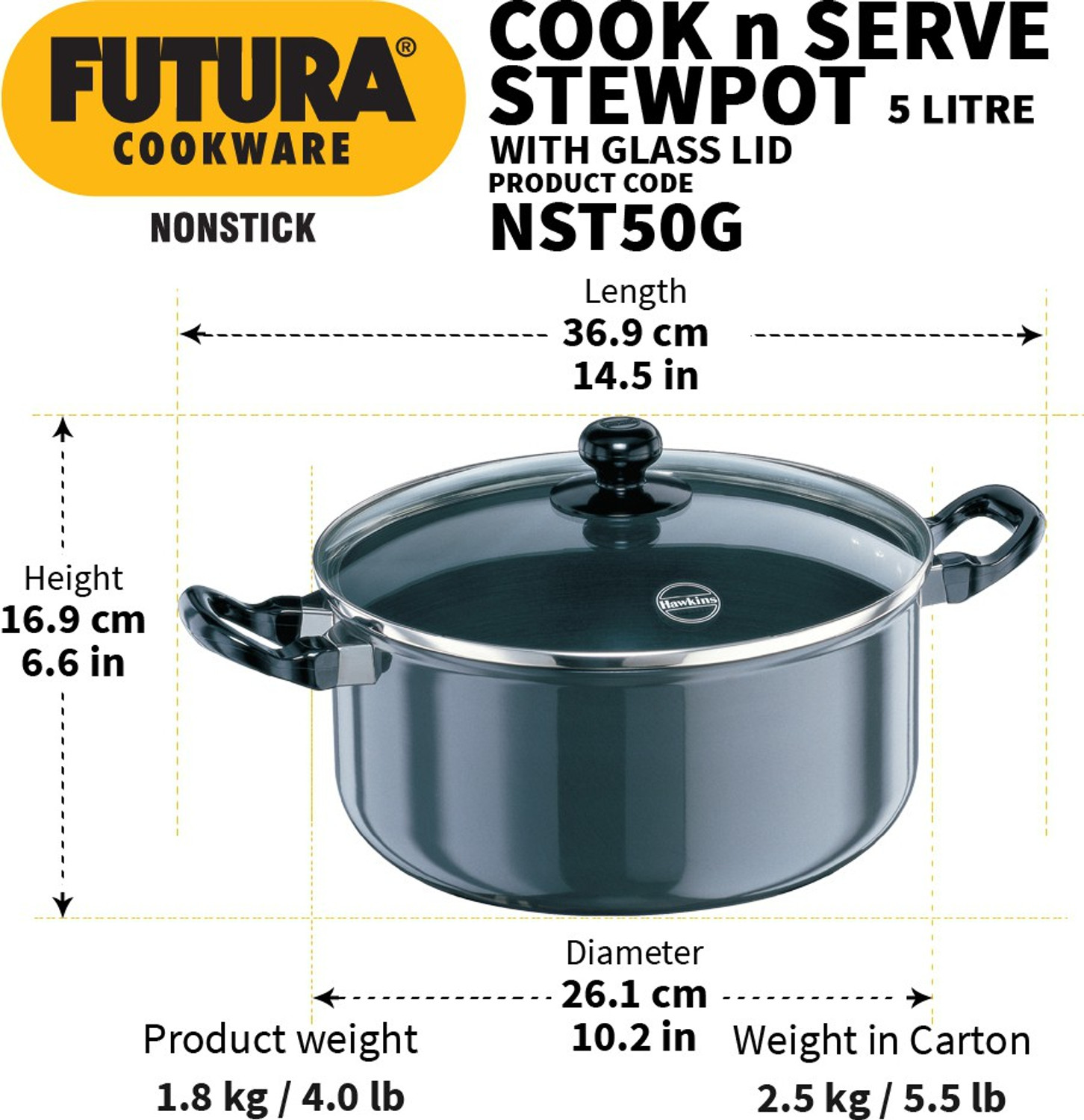 Image of Hawkins Non Stick Stewpot with Glass Lid (NST50G) Tope /Bhagona /Patila with Lid 5 L capacity 24 cm diameter