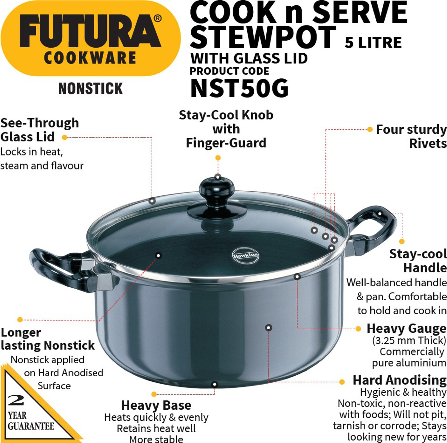 Image of Hawkins Non Stick Stewpot with Glass Lid (NST50G) Tope /Bhagona /Patila with Lid 5 L capacity 24 cm diameter