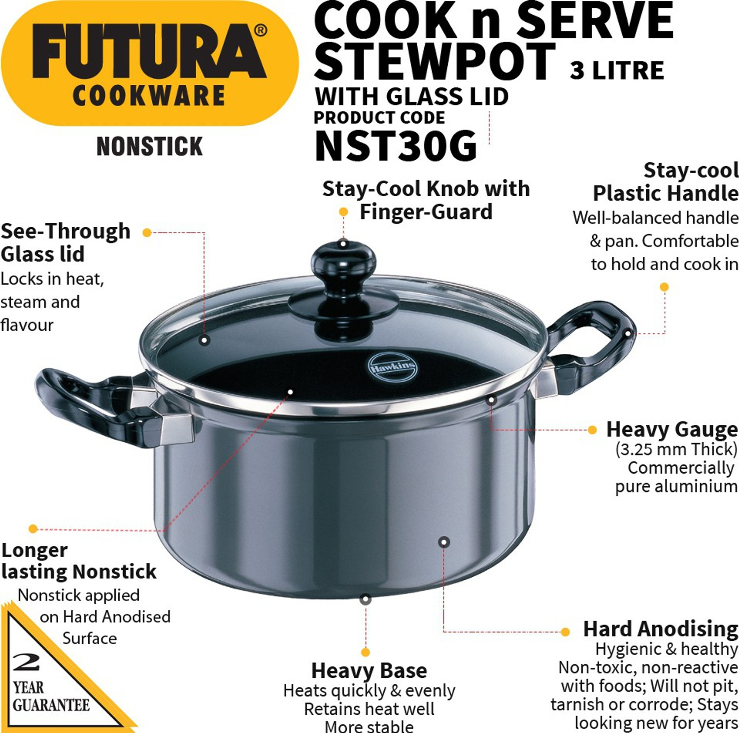 Image of Hawkins Stewpot with Glass Lid (NST30G) Tope /Bhagona /Patila with Lid 3 L capacity 20 cm diameter