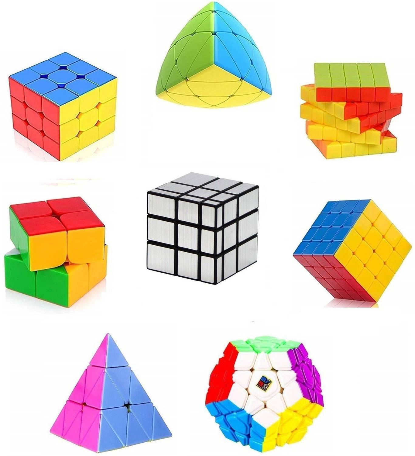 Authfort NEW Speed 2X2 3x3 4x4 5x5 and Mirror Silver Pyraminx Pyramid Triangle, Megaminx, cube set Puzzle Cubes Combo (B - Pack of 8 Cube)