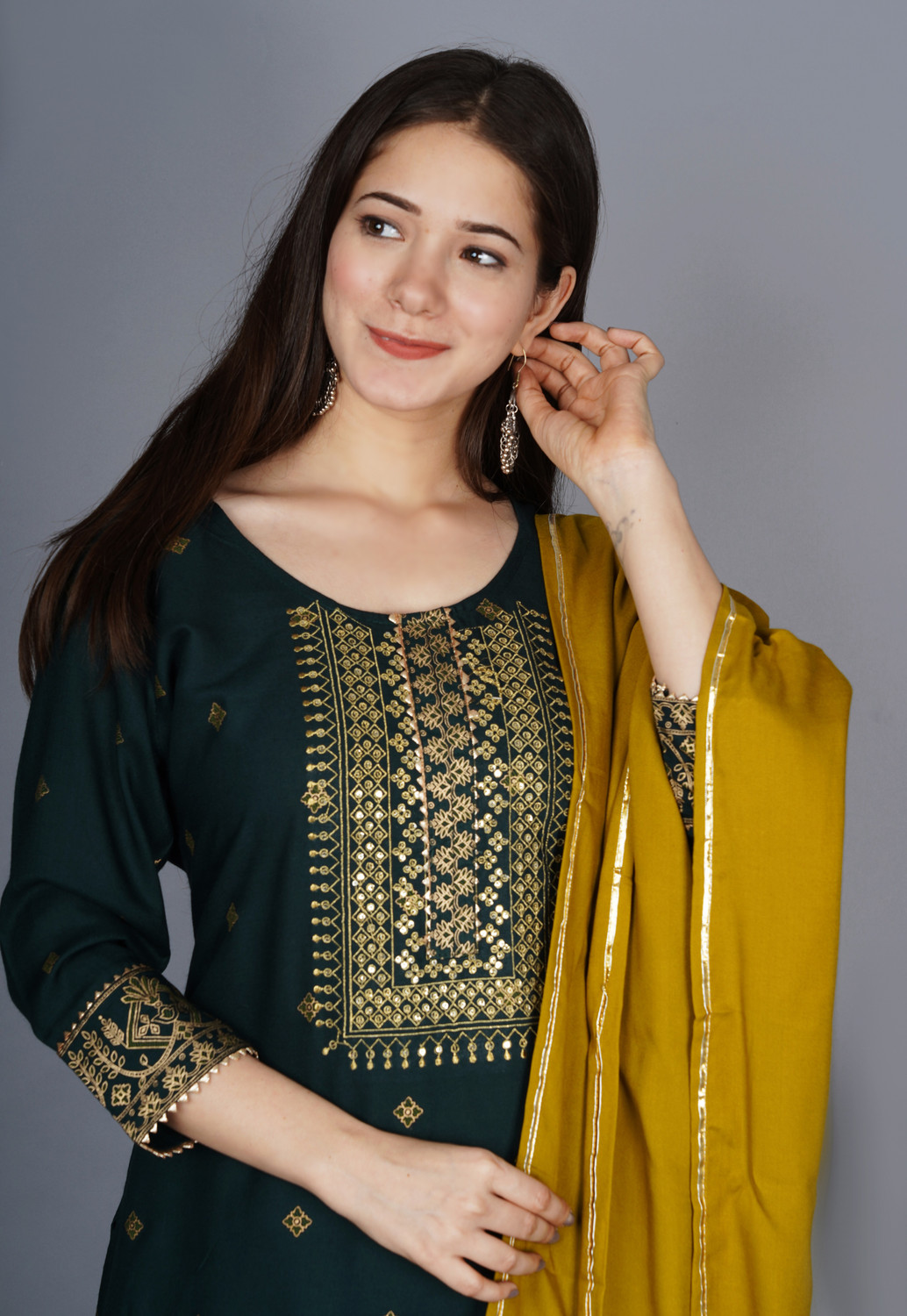 Image of AAYUFAB Printed Kurta, Palazzo & Dupatta Set