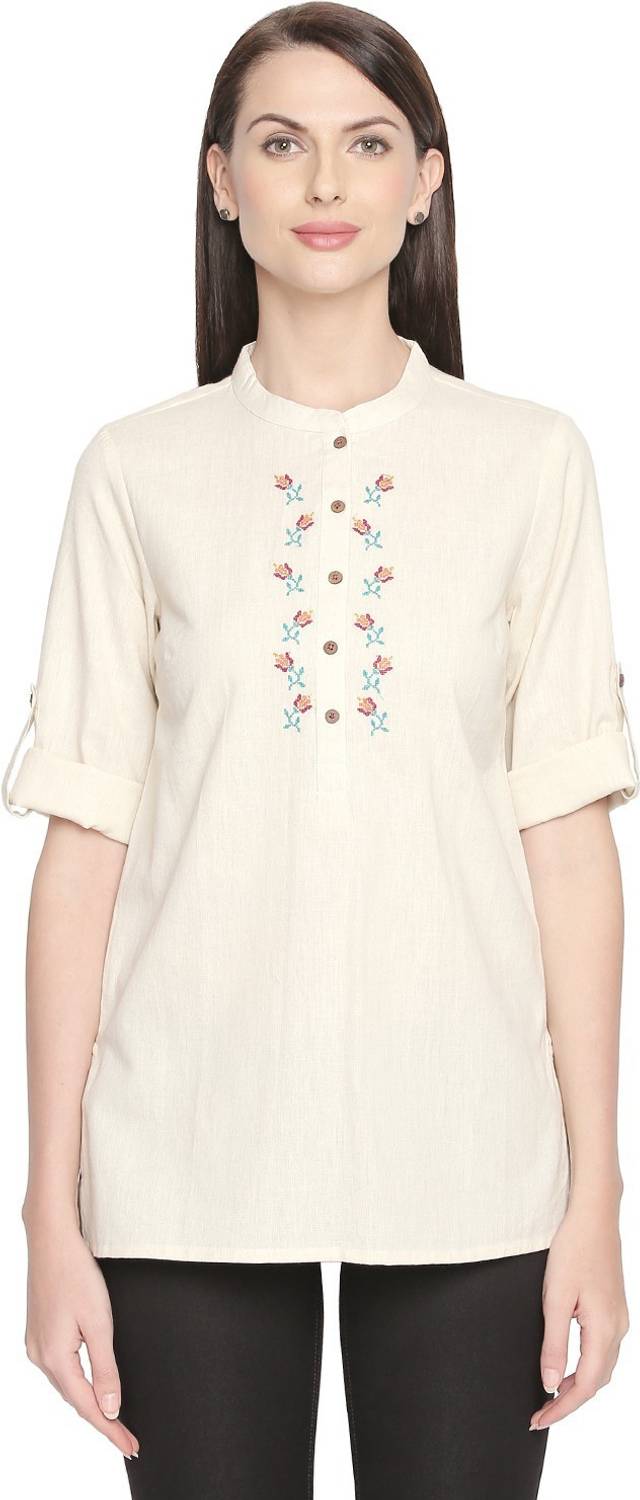 Akkriti by Pantaloons Casual Half Sleeve Embroidered Women White Top