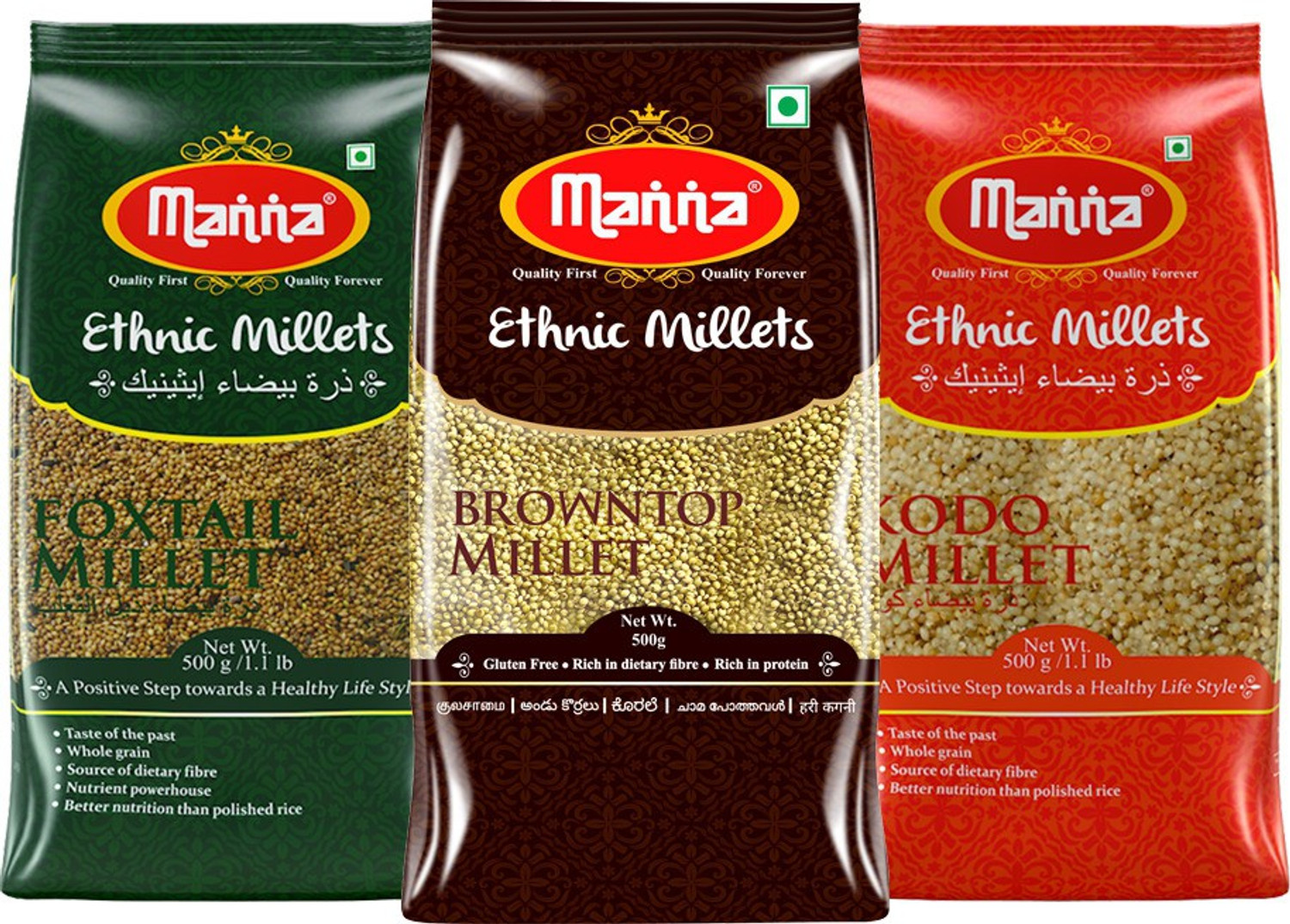 Image of Manna Millets Combo Pack of 3 (With Browntop) | Natural Grains | Browntop 500g, Kodo 500g, Foxtail 500g | Low GI Rice | Nutrient Powerhouse, High Protein & More Fibre than Rice Mixed Millet