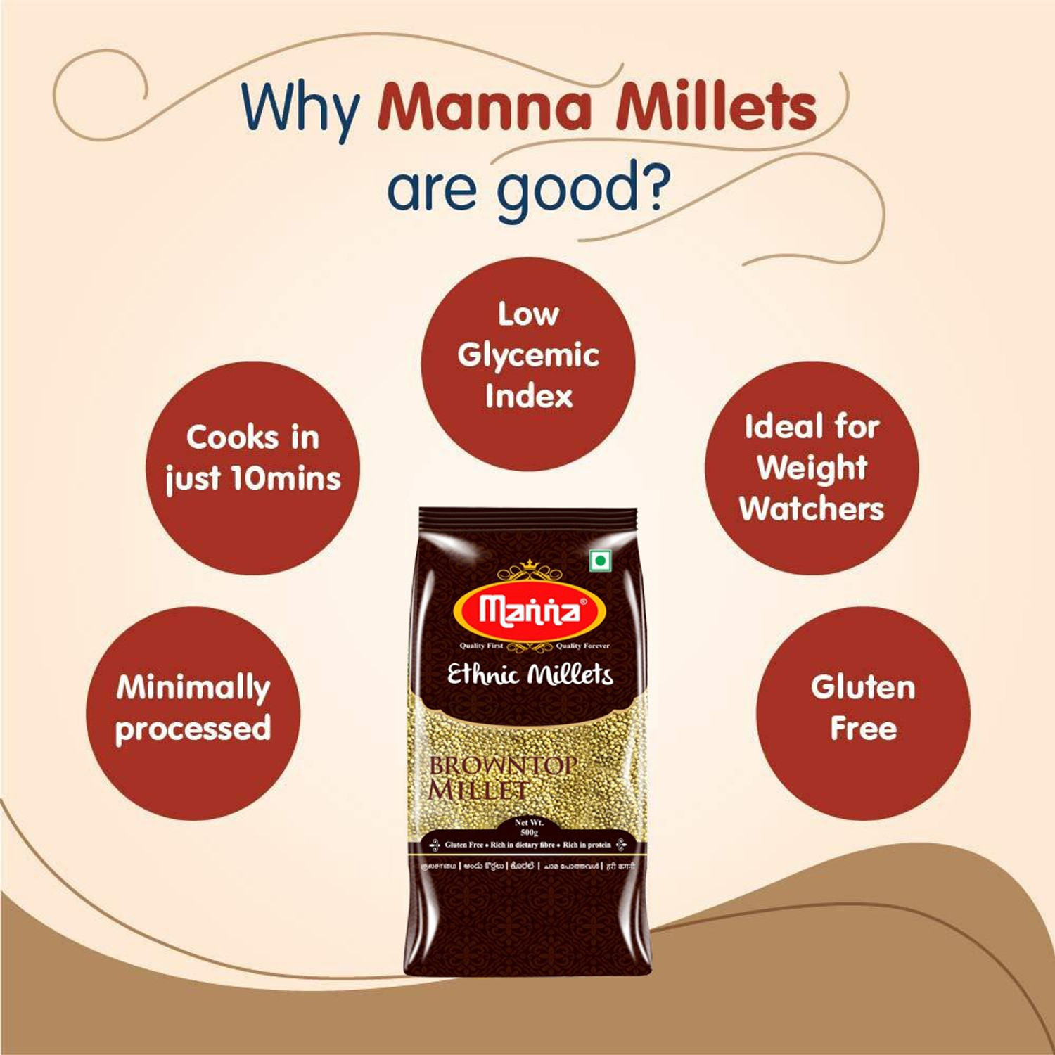 Image of Manna Millets Combo Pack of 3 (With Browntop) | Natural Grains | Browntop 500g, Kodo 500g, Foxtail 500g | Low GI Rice | Nutrient Powerhouse, High Protein & More Fibre than Rice Mixed Millet