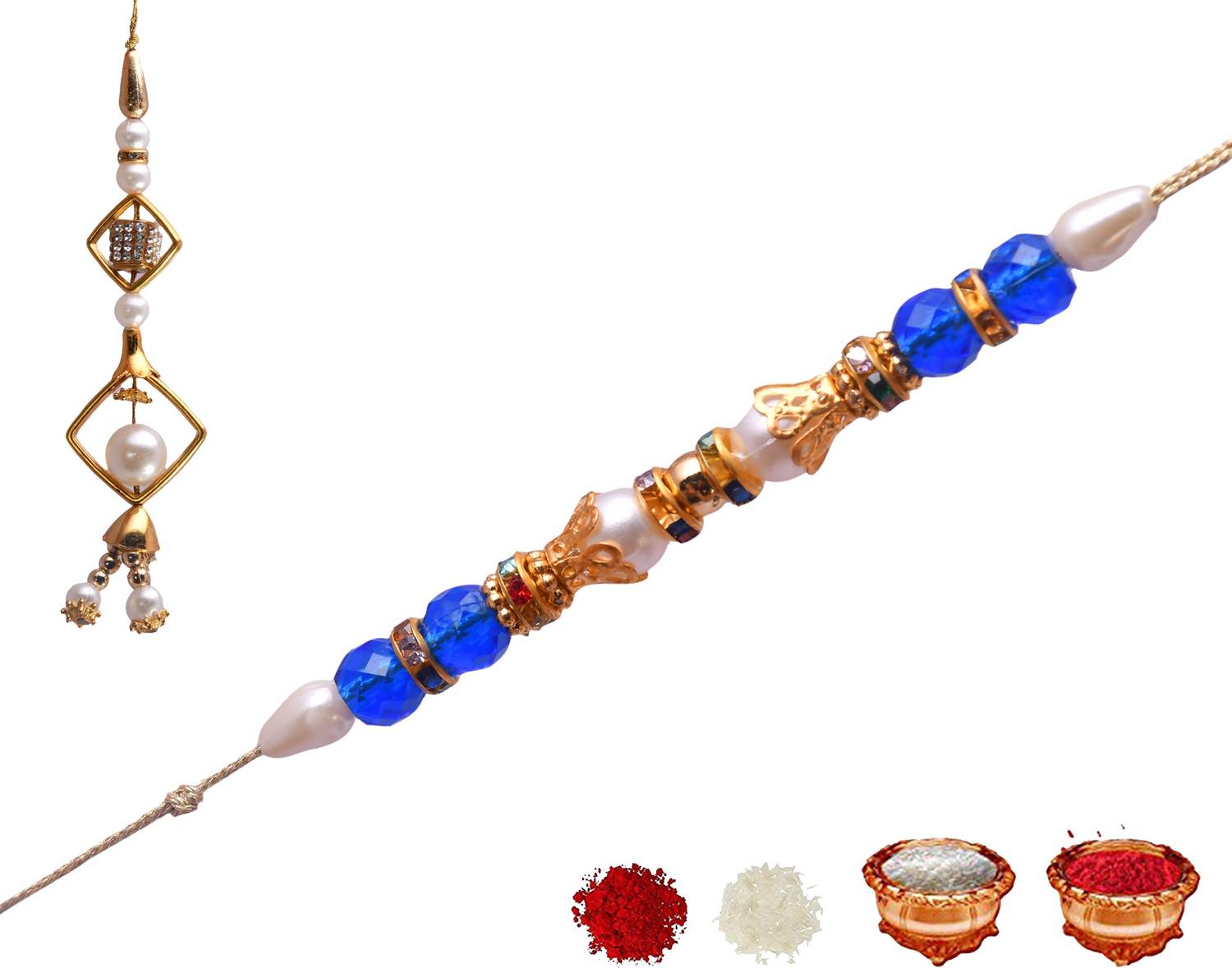Designer 1 RAKHI AND 1 LUMBA CHAWAL AND ROLI Platinum Rakhi, Lumba, Chawal Roli Pack Set by bhumiyaan