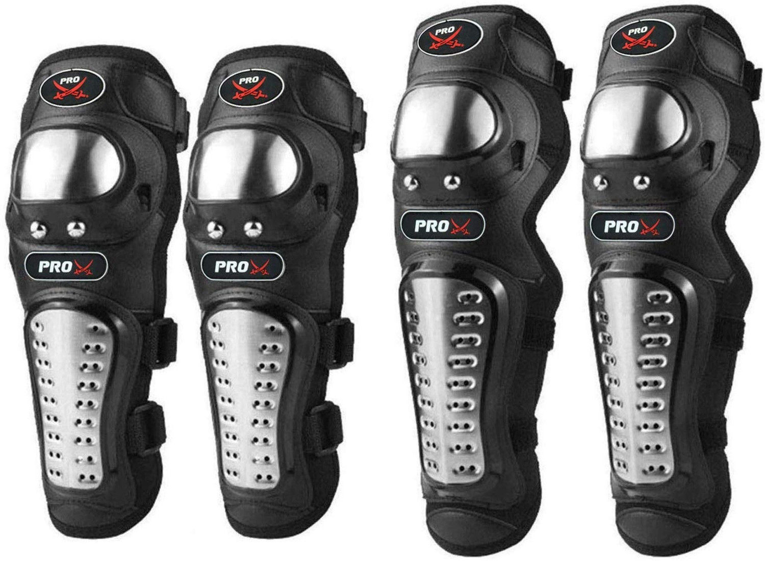 Image of FABSPORTS Pro-X Alloy Stainless Steel Knee & Elbow Guard, Flexible Breathable Adjustable Knee Shin Armor Elbow Protector for Bikers and Riders (Black) Elbow Guard, Shin Guard Free Black, Silver
