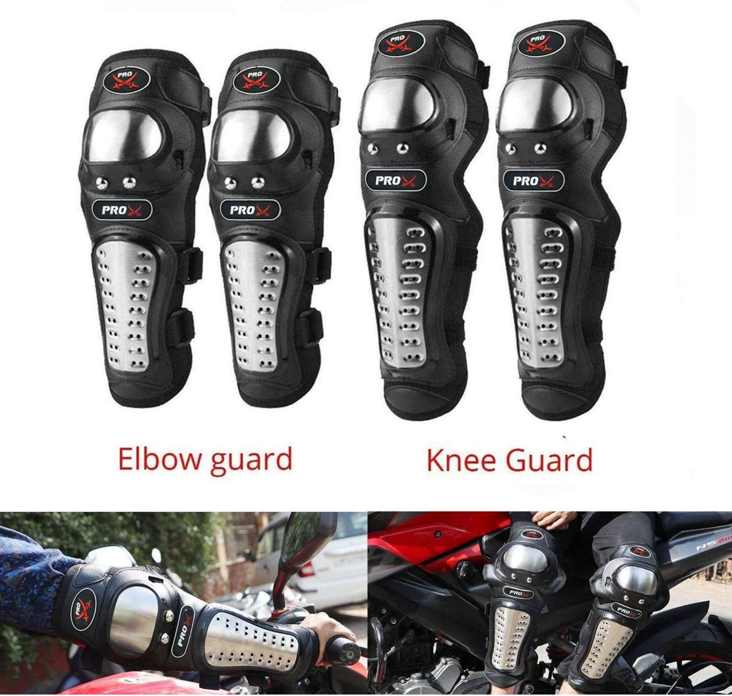 Image of FABSPORTS Pro-X Alloy Stainless Steel Knee & Elbow Guard, Flexible Breathable Adjustable Knee Shin Armor Elbow Protector for Bikers and Riders (Black) Elbow Guard, Shin Guard Free Black, Silver