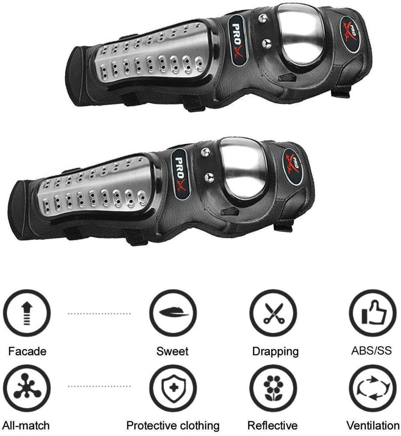 Image of FABSPORTS Pro-X Alloy Stainless Steel Knee & Elbow Guard, Flexible Breathable Adjustable Knee Shin Armor Elbow Protector for Bikers and Riders (Black) Elbow Guard, Shin Guard Free Black, Silver