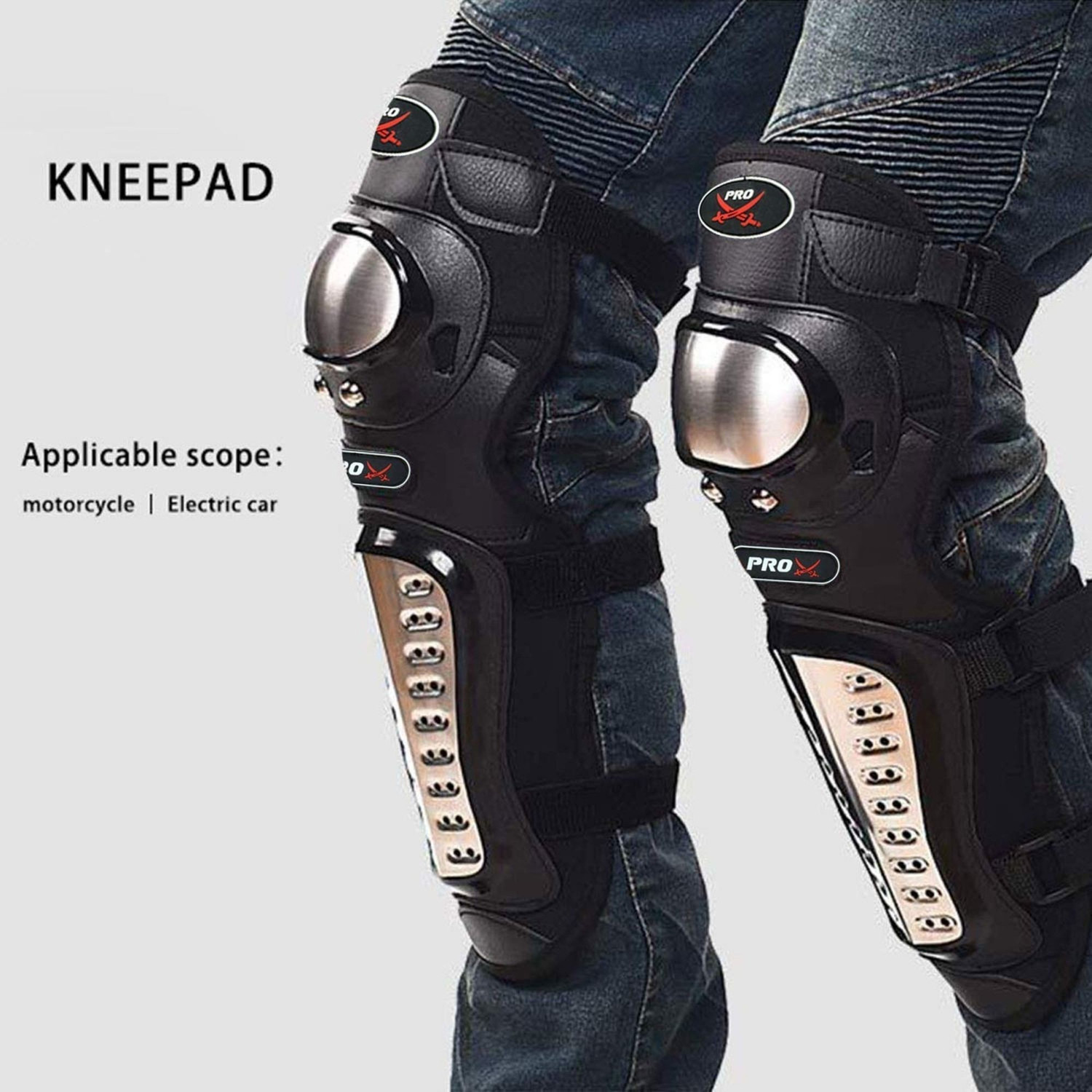 Image of FABSPORTS Pro-X Alloy Stainless Steel Knee & Elbow Guard, Flexible Breathable Adjustable Knee Shin Armor Elbow Protector for Bikers and Riders (Black) Elbow Guard, Shin Guard Free Black, Silver