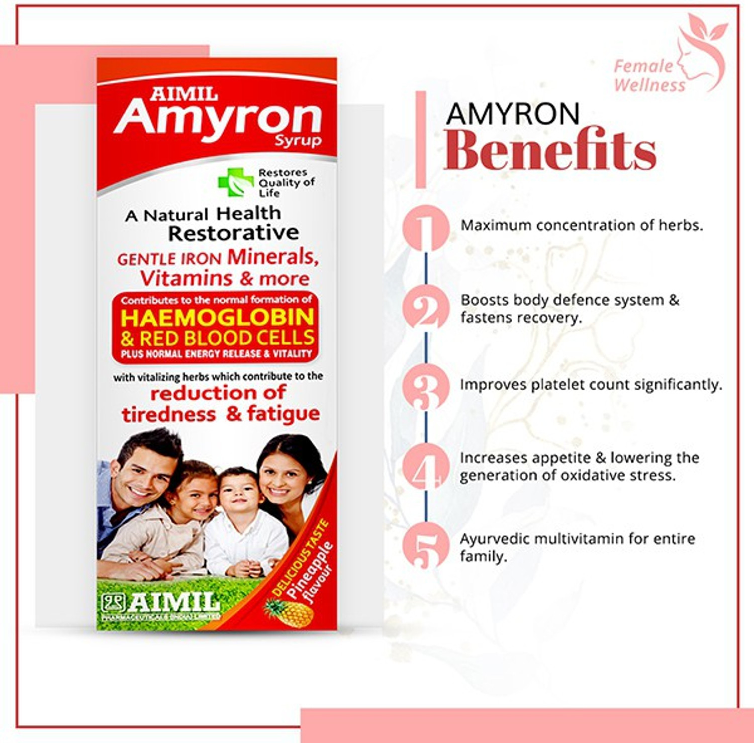 Image of AIMIL Amyron Multivitamins Syrup for Men & Women with 34 Ingredients| Reduce Tiredness & Fatigue | Improves Haemoglobin Level (Pack of 6)