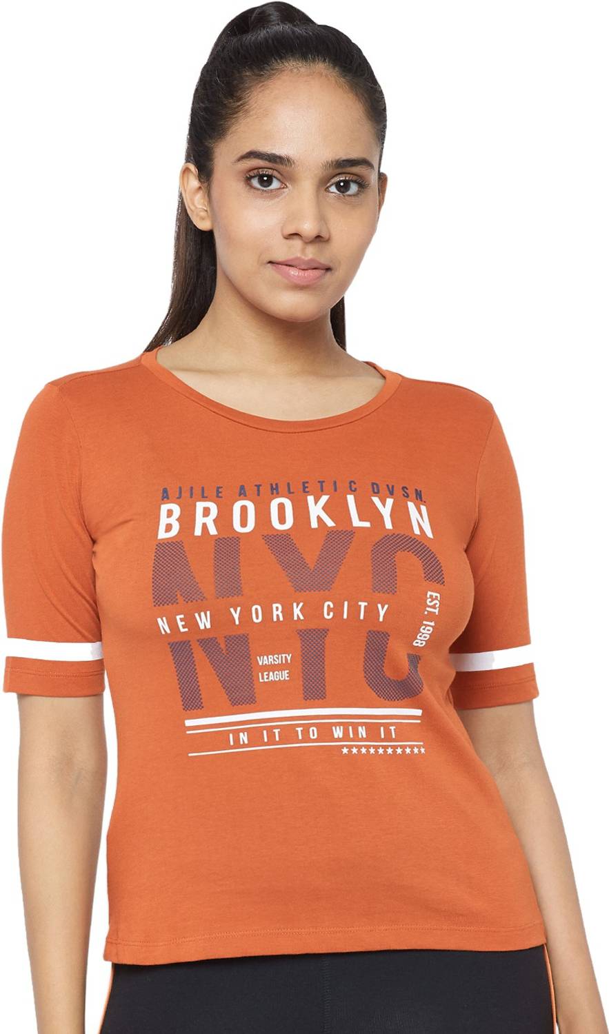 Ajile By Pantaloons Printed Women Round Neck Orange T-Shirt