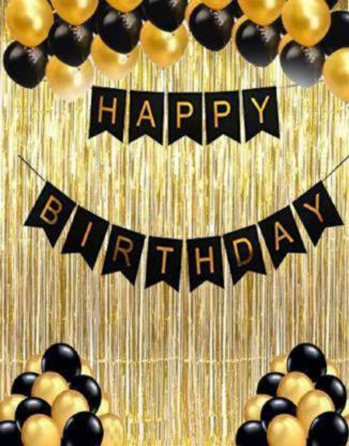 ADORNIO Solid HAPPY BIRTHDAY BLACK BANNER 1 pc+ curtains 2 pcs+ 30 pcs Metallic balloons Balloon