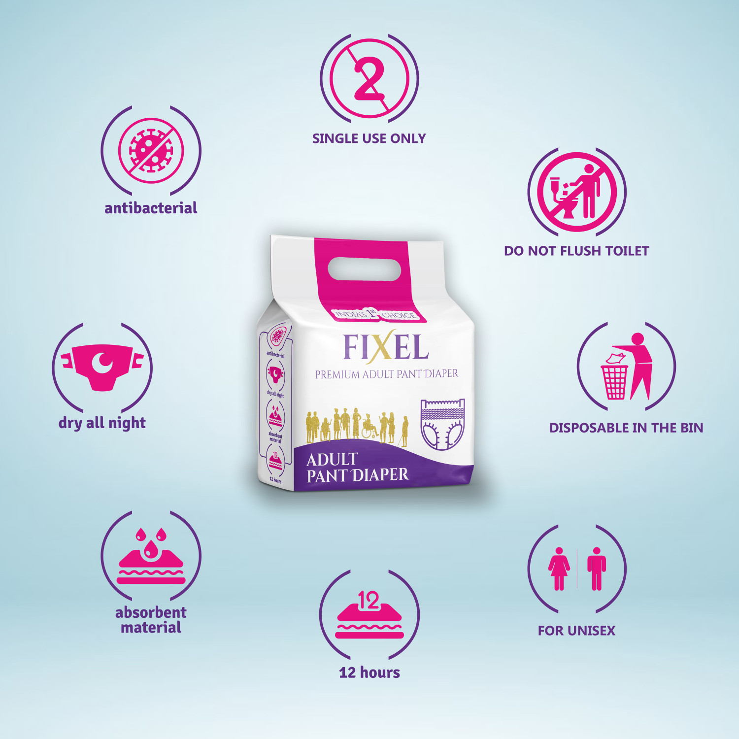 Image of fixel Adult diaper pants for unisex, extra Large size (120-170 cm / 48-68 inch) Adult Diapers - XL