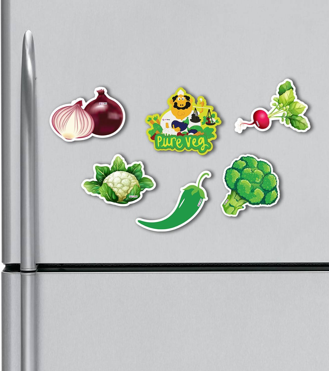 ARTBUG Pure Veg, Vegetables Combo, Funny Design for Home, Kitchen and Office Decoration Fridge Magnet, Door Magnet, Multipurpose Office Magnets, Kitchen Organiser Magnet Fridge Magnet Pack of 6