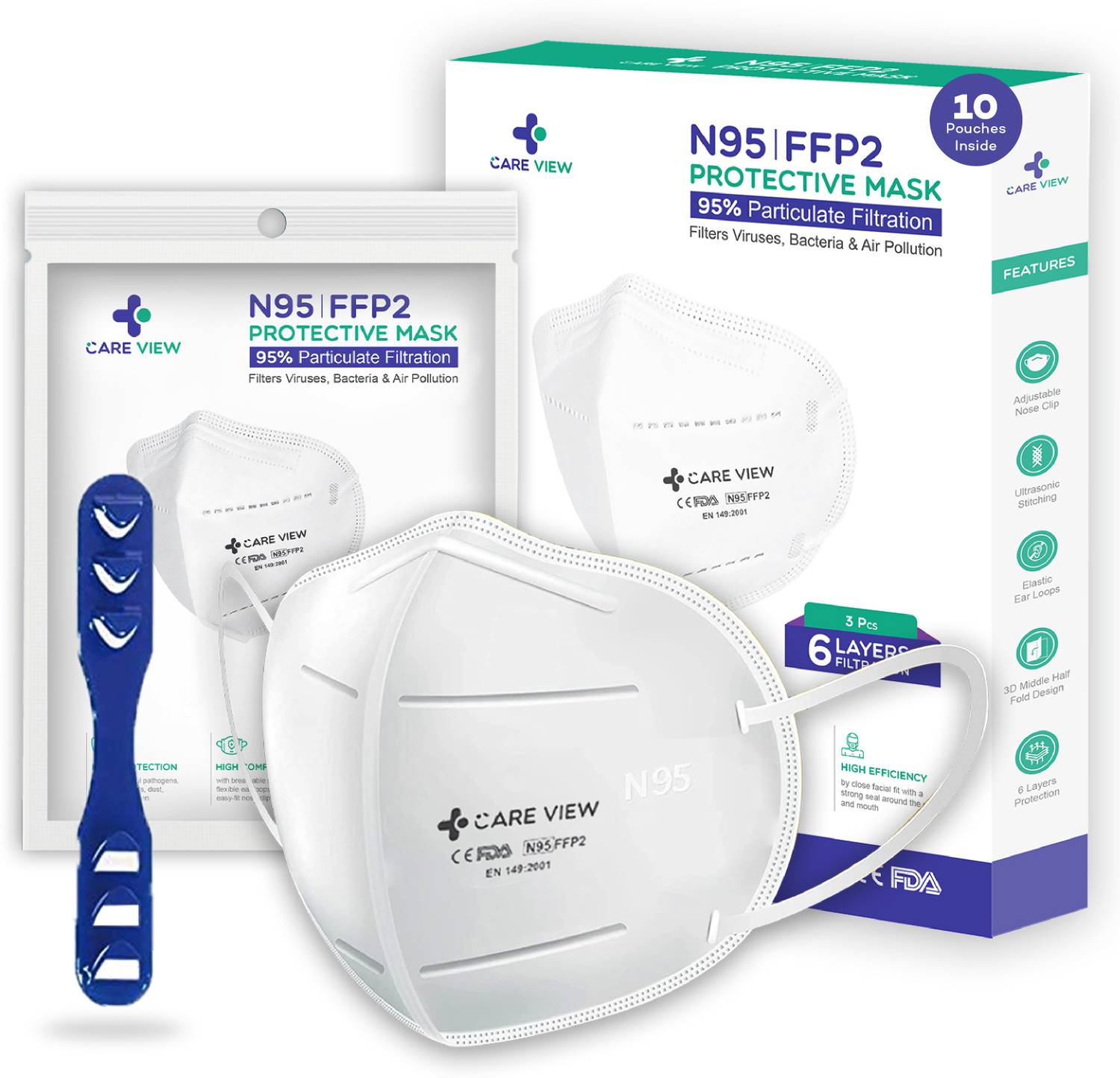 careview CV1221, Ear Loop Style (Pack of 10) Protective Face Mask with 6 Layered Filtration(With Head Mask Extender) CV-1221-W