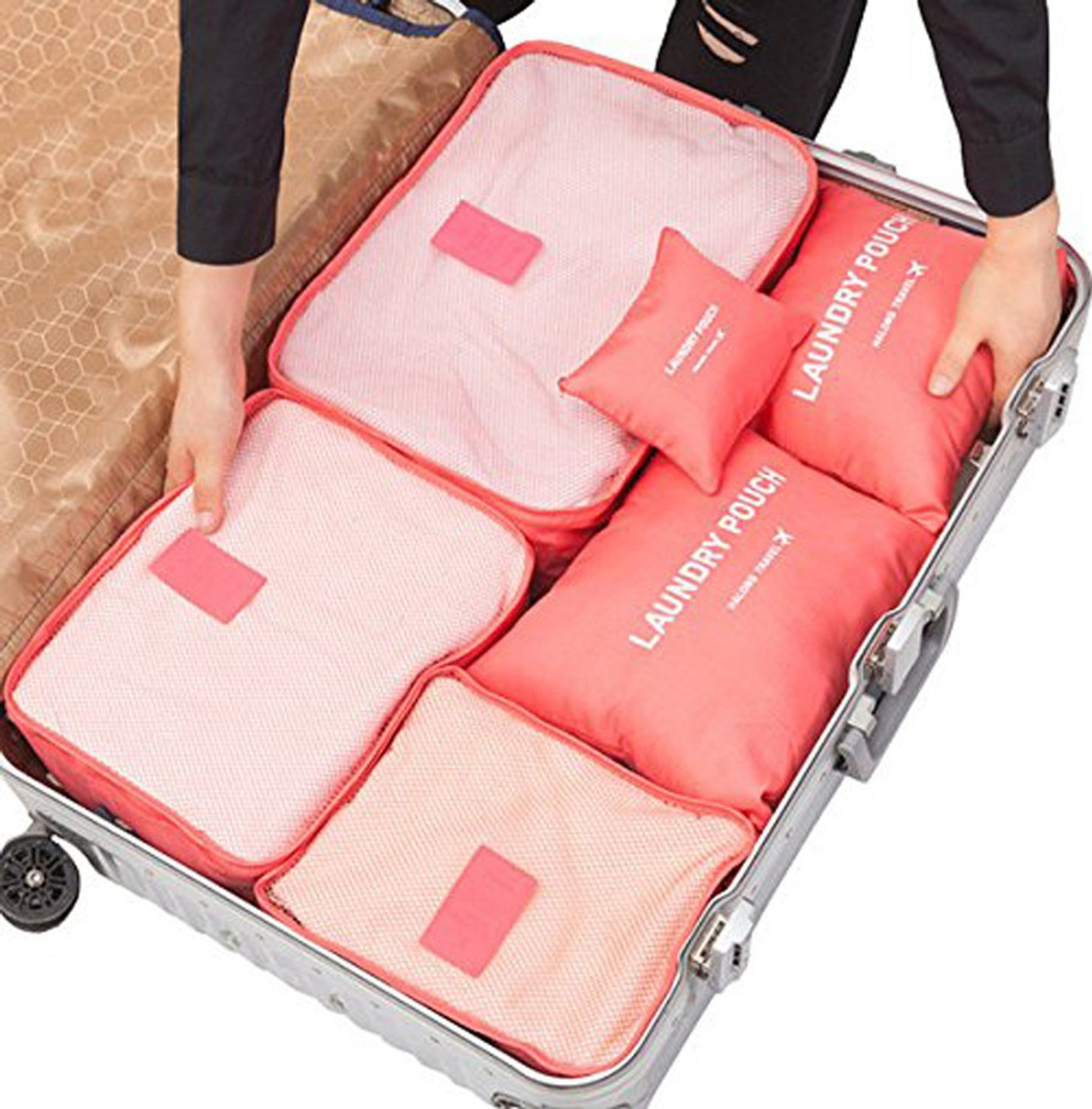 Image of Shopper52 6-Piece Packing Cubes Set with Laundry Travel Bag Multifuctional Water Resistant Mesh Clothing Storage Packages, Compression Travel Luggages Packing Organizer Pouch (Orange)