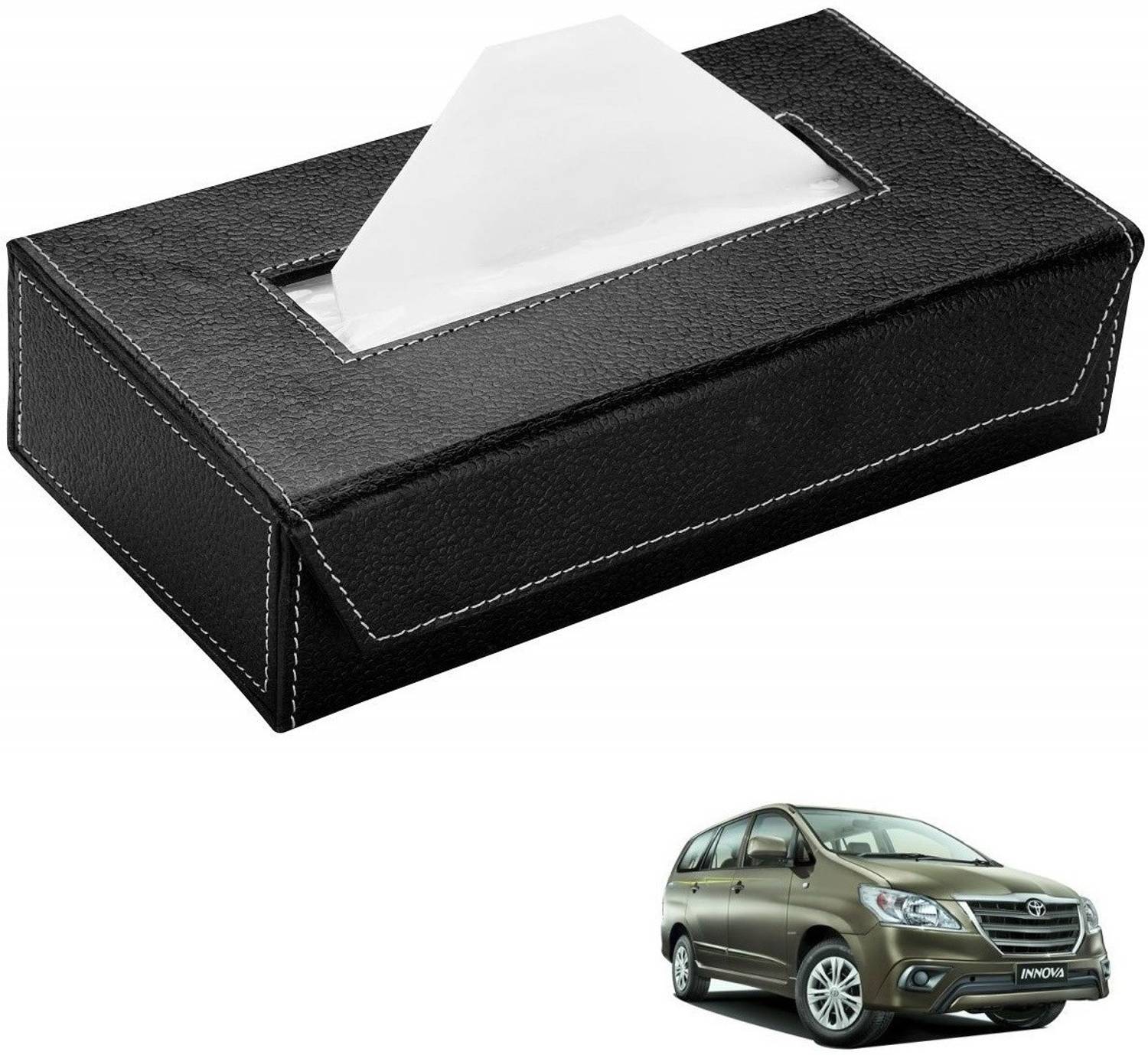 AuTO ADDiCT Car Tissue Box Paper Tissue Holder Black with 200 Sheets(100 Pulls) For Toyota Innova Vehicle Tissue Dispenser