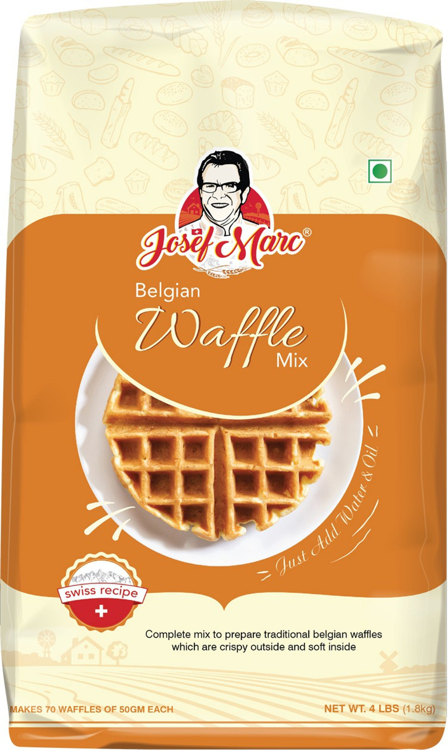 Image of Josef Marc Belgian Waffle Mix, 4 LBS (1.8kg) - Belgian Waffle Vanilla Mix, Easy to Use, Just Add Water, Formulated in Switzerland 1800 g